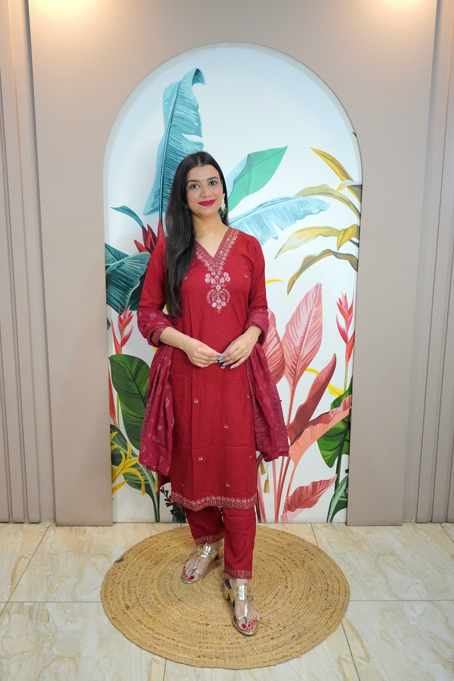 Red Colour Thread & Sequence Work Straight Kurta Set with Pant & Dupatta