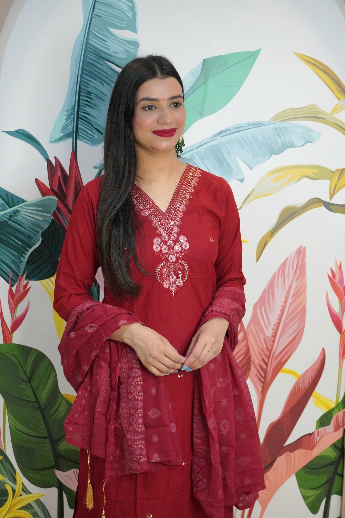 Red Colour Thread & Sequence Work Straight Kurta Set with Pant & Dupatta