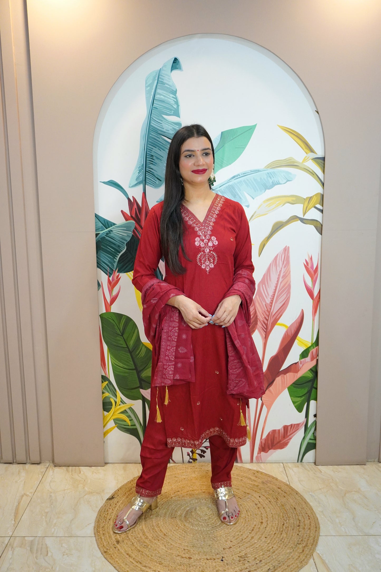 Red Colour Thread & Sequence Work Straight Kurta Set with Pant & Dupatta