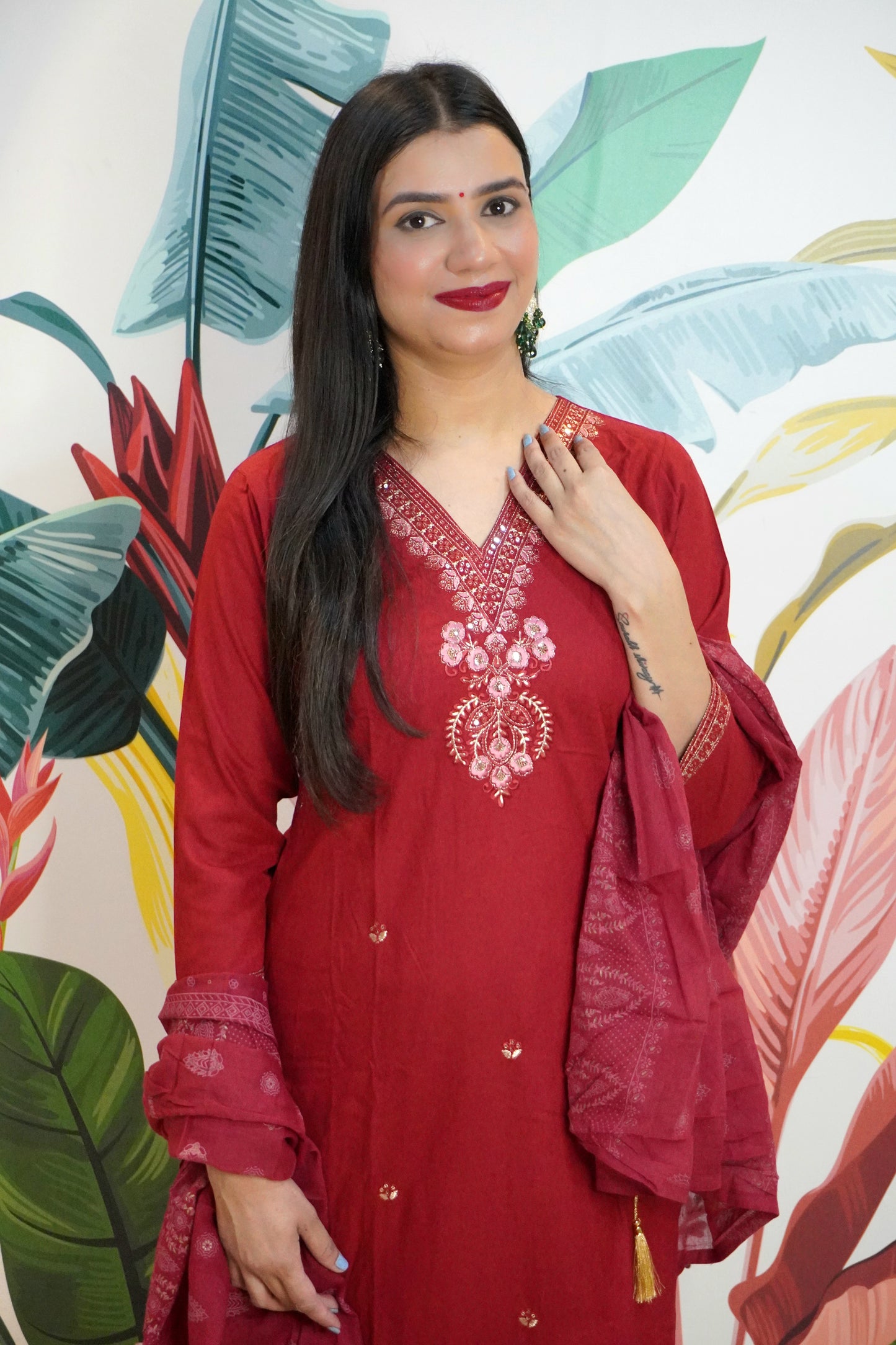 Red Colour Thread & Sequence Work Straight Kurta Set with Pant & Dupatta