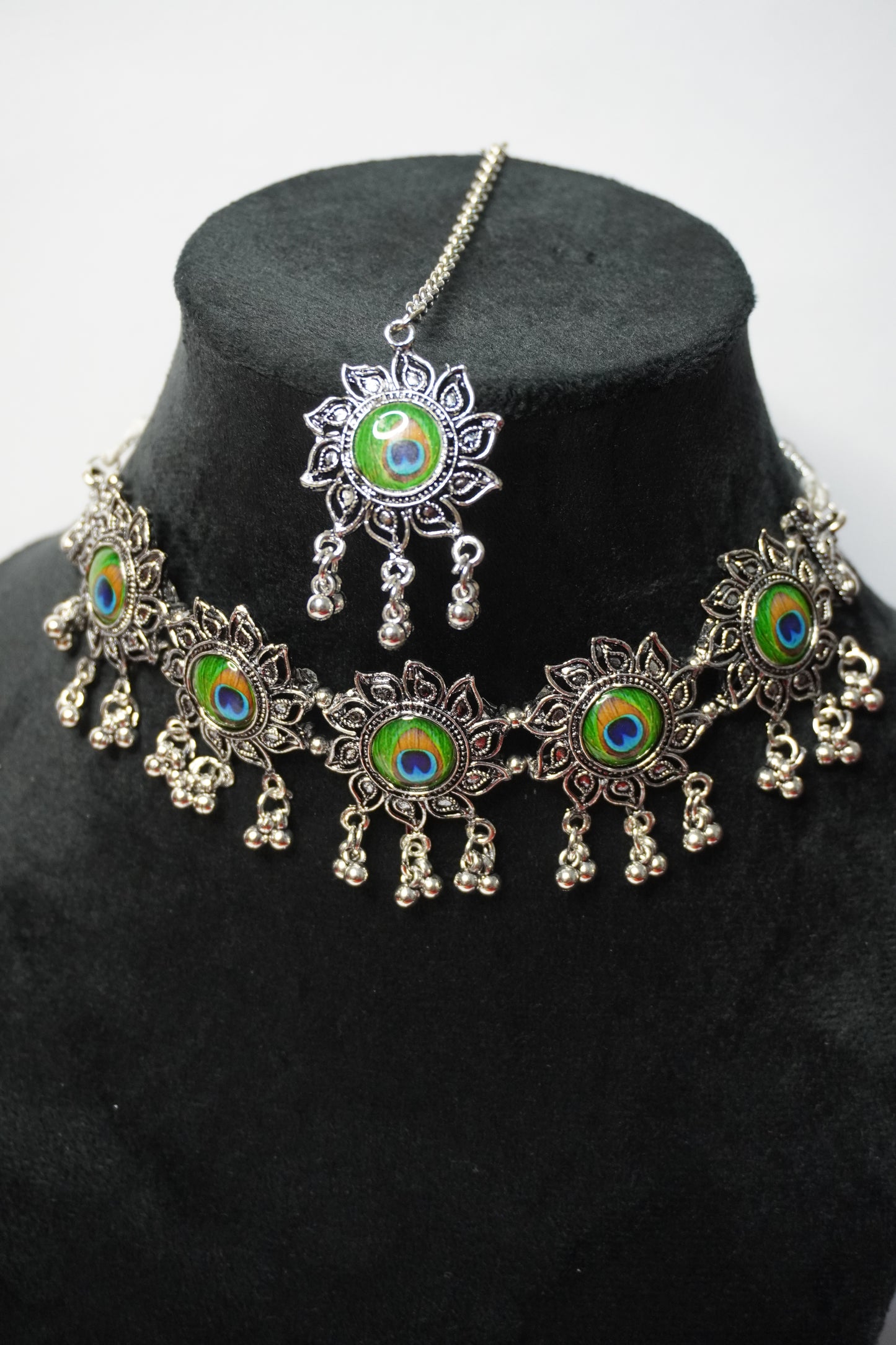 Peacock Feather Design Oxidised Necklace with Earring & Maang Tikka