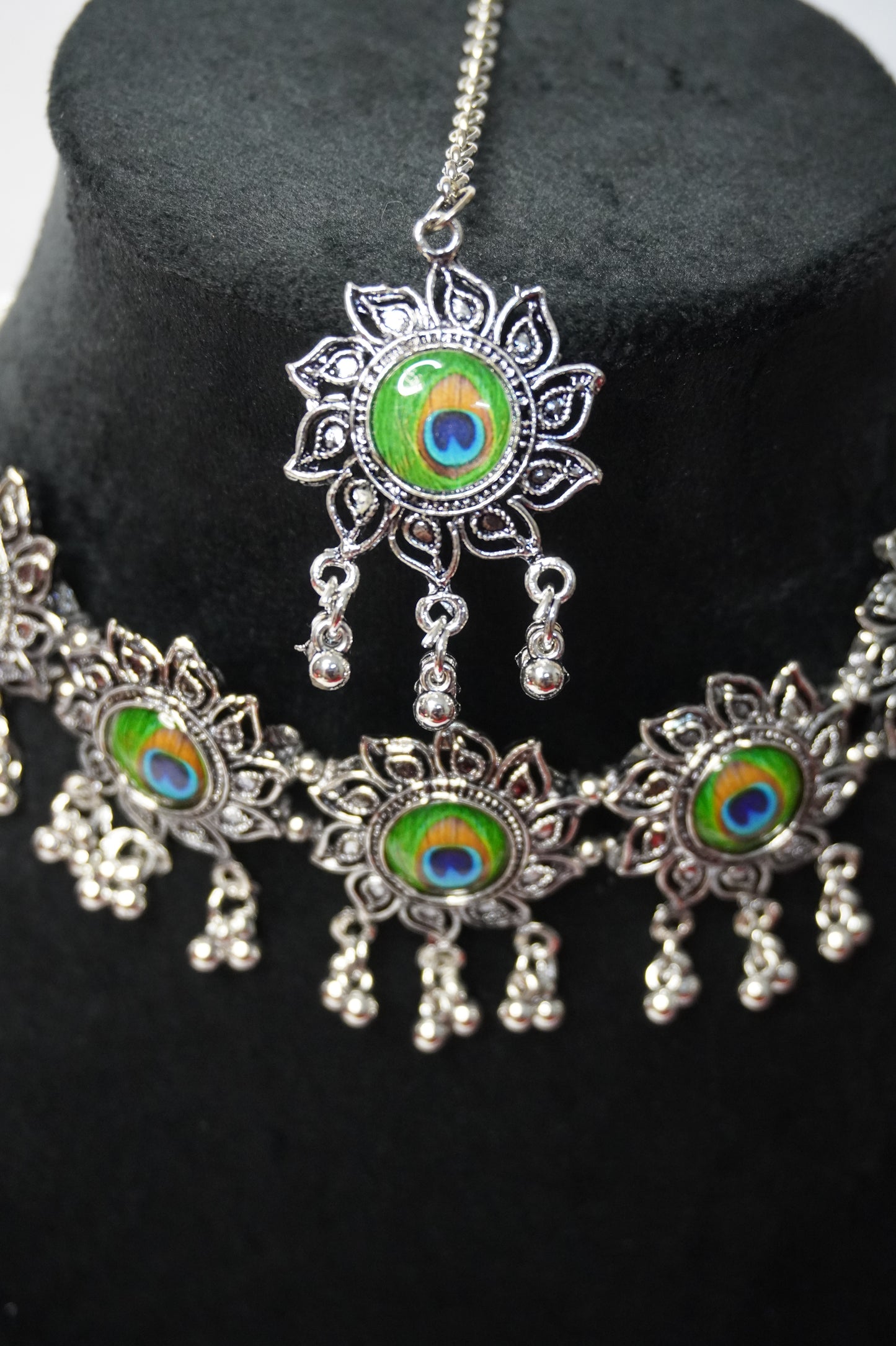 Peacock Feather Design Oxidised Necklace with Earring & Maang Tikka
