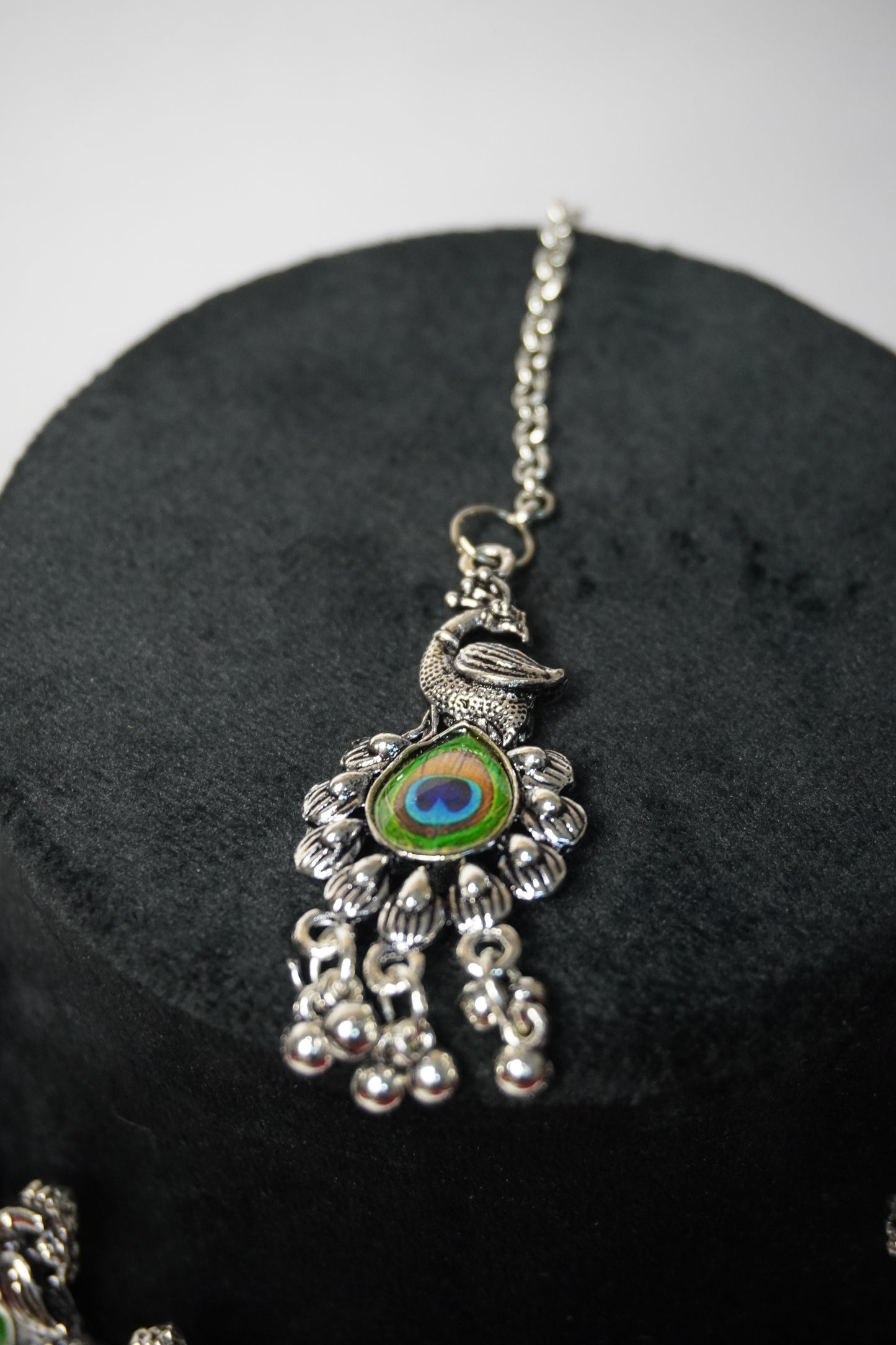 Peacock Feather Design Oxidised Necklace with Earring & Maang Tikka