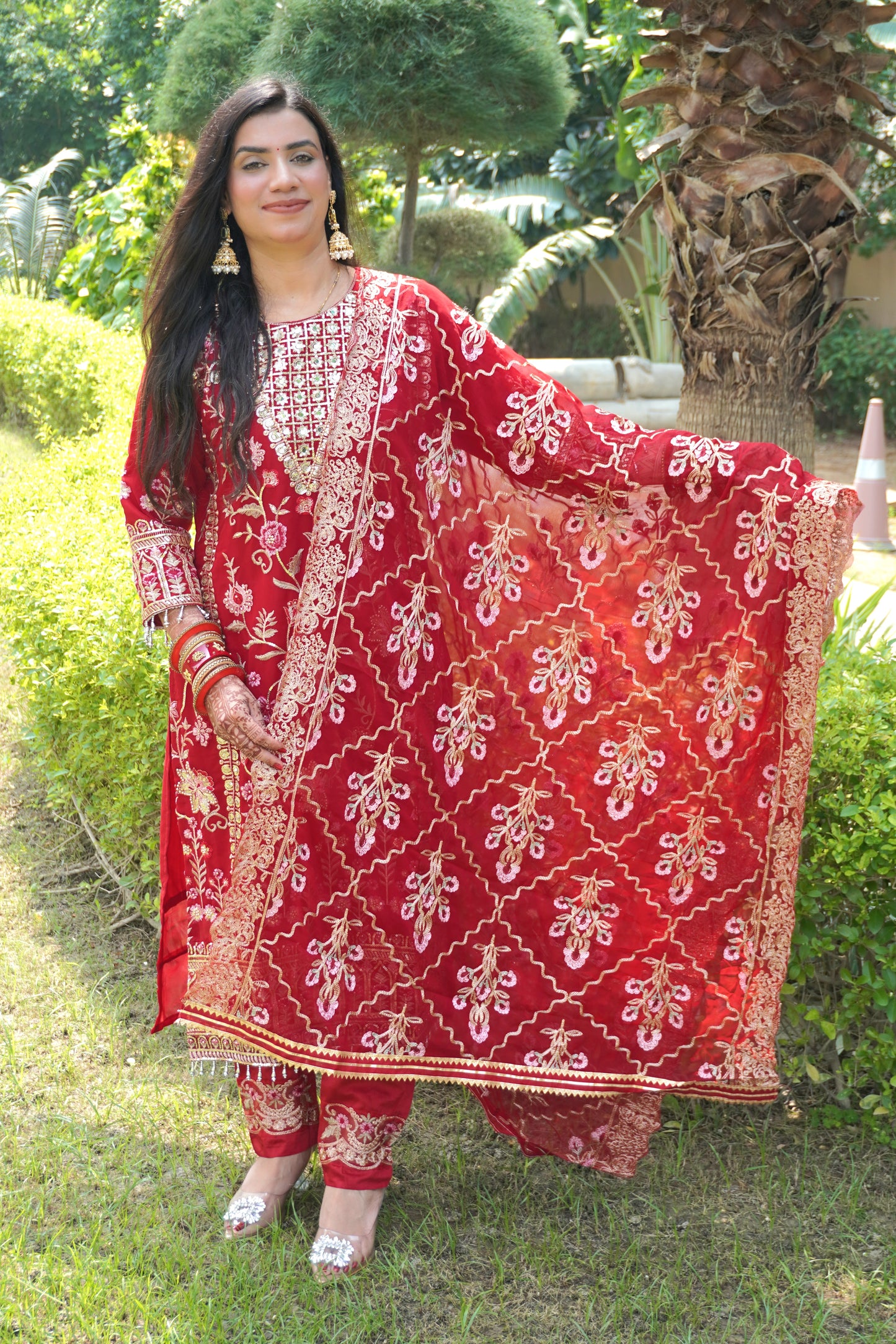 Red Colour Zari & Mirror Work Pakistani Kurta Set with Pant & Dupatta