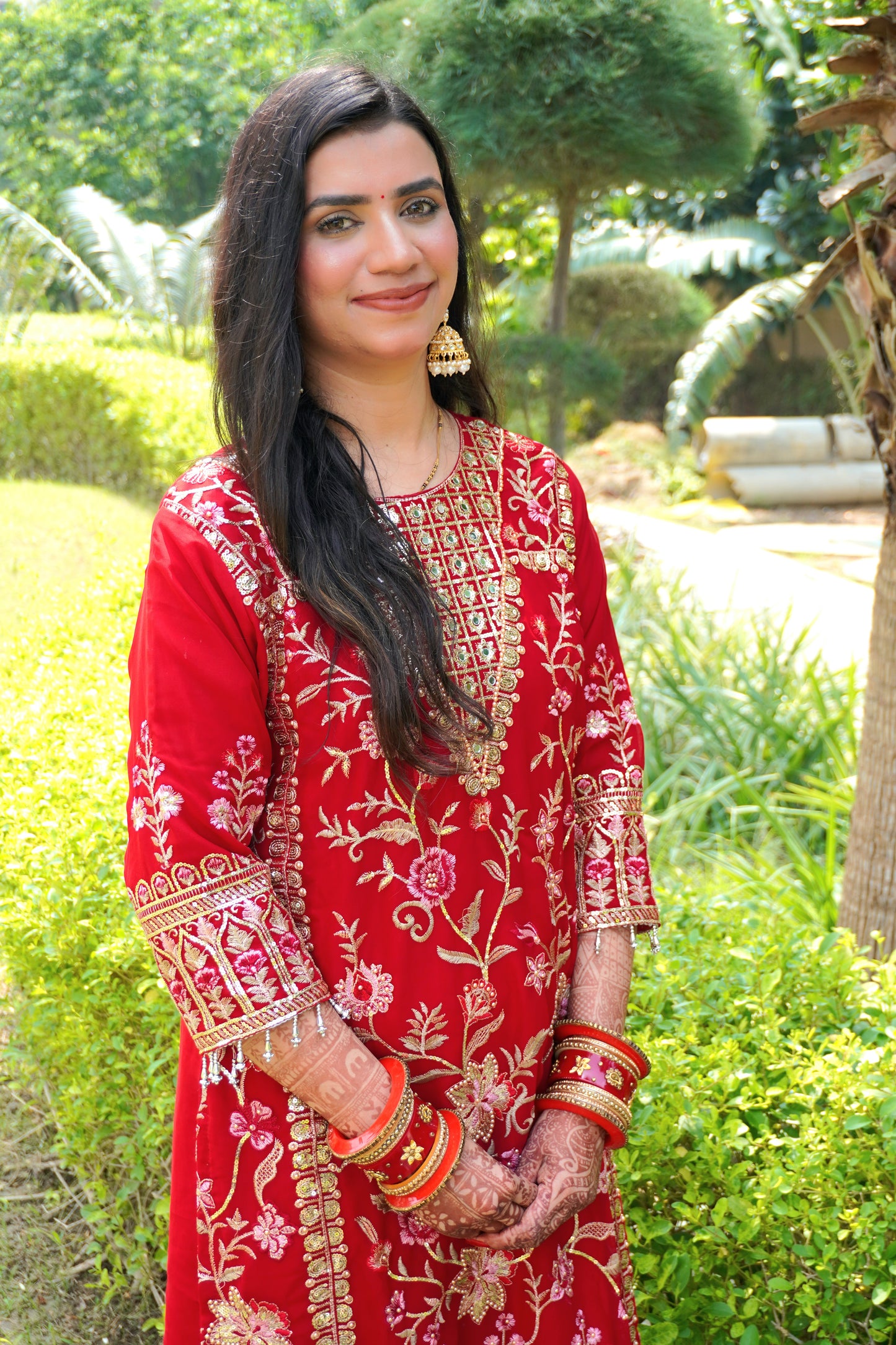 Red Colour Zari & Mirror Work Pakistani Kurta Set with Pant & Dupatta