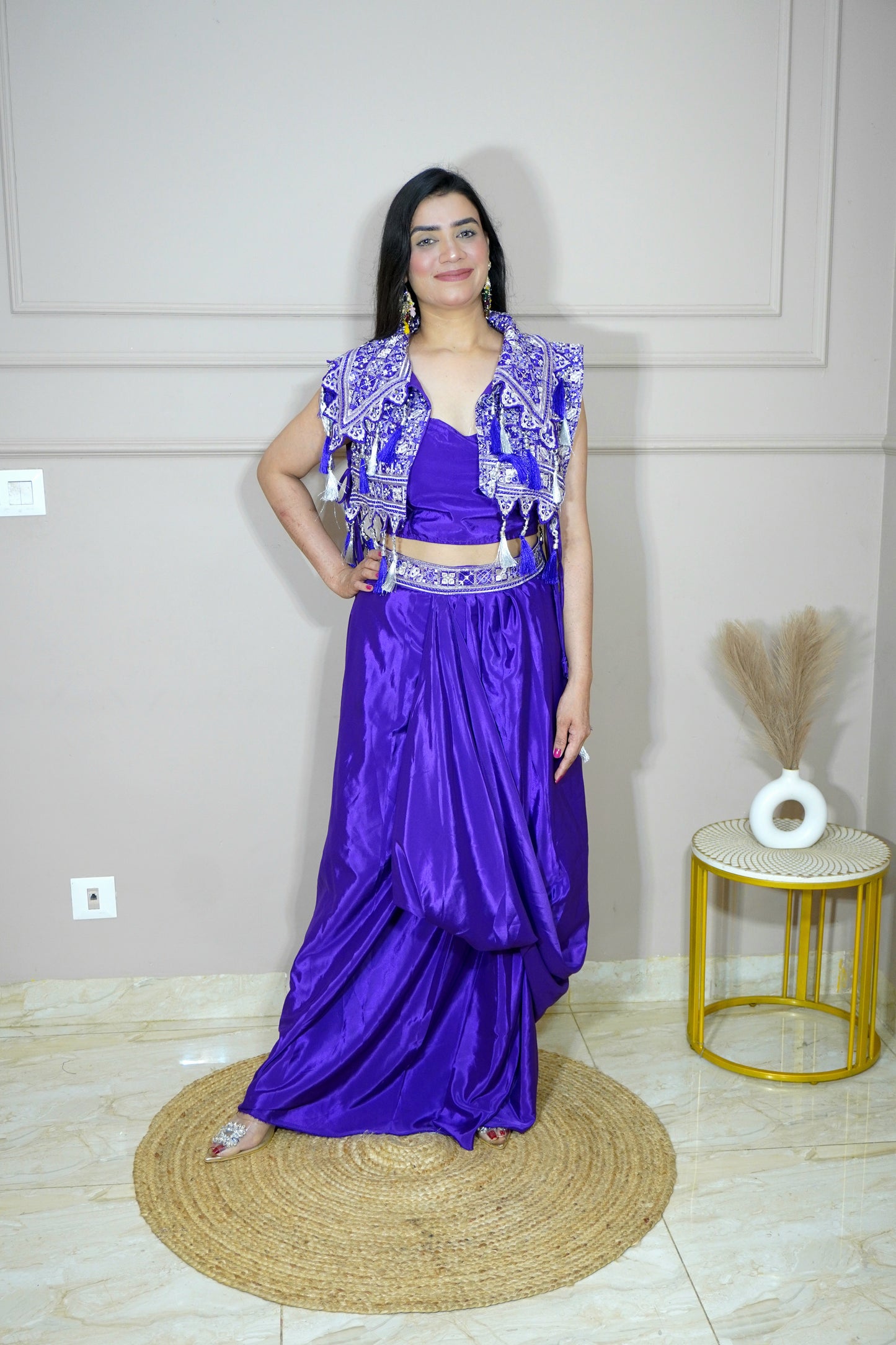 Purple Colour Thread & Mirror Work Top with Skirt & Heavy Work Jacket (Dress have 4 inch of margin for alteration as per customer need)