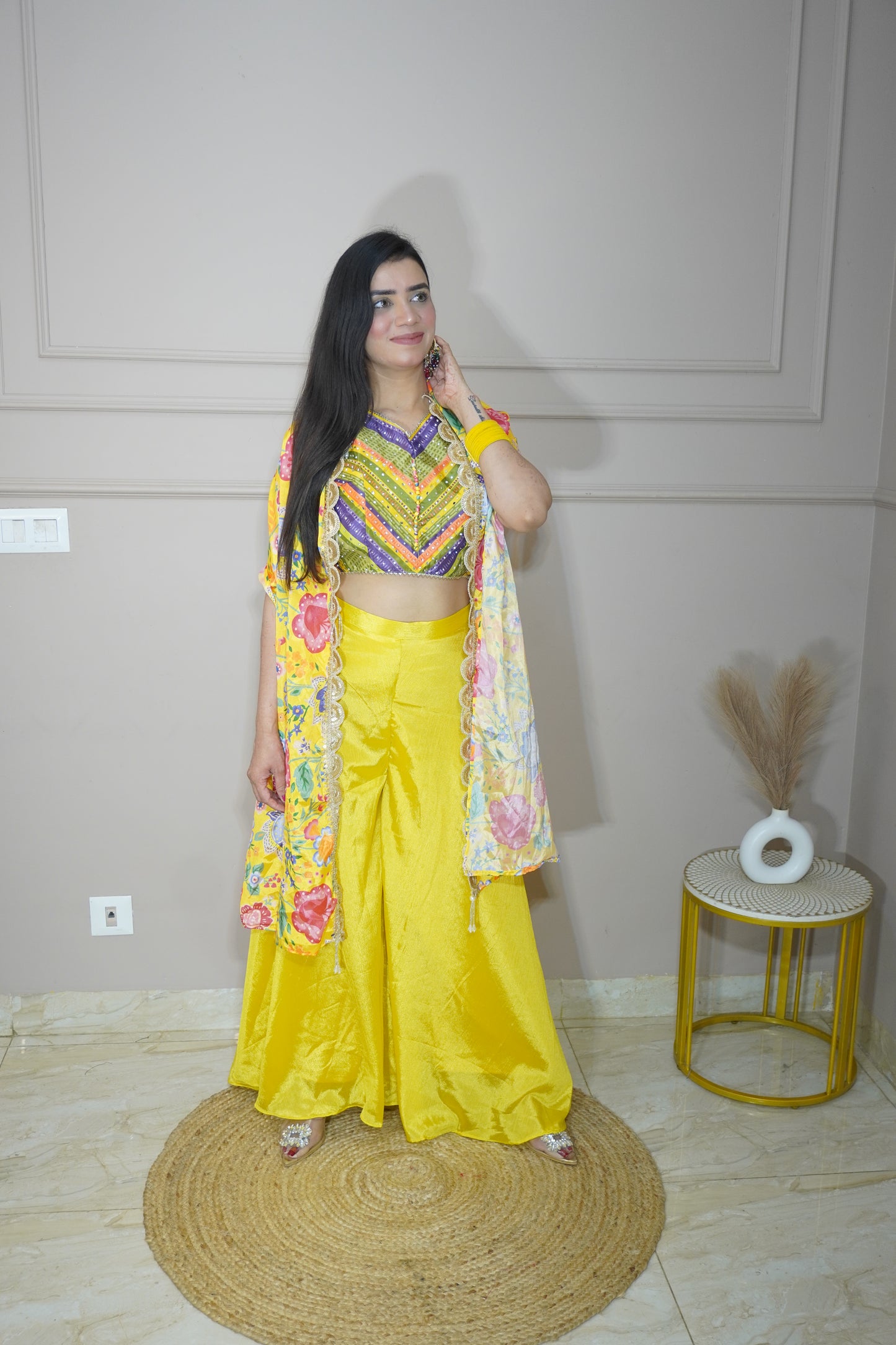 Yellow Colour Mirror Work Top with Palazzo & Shrug