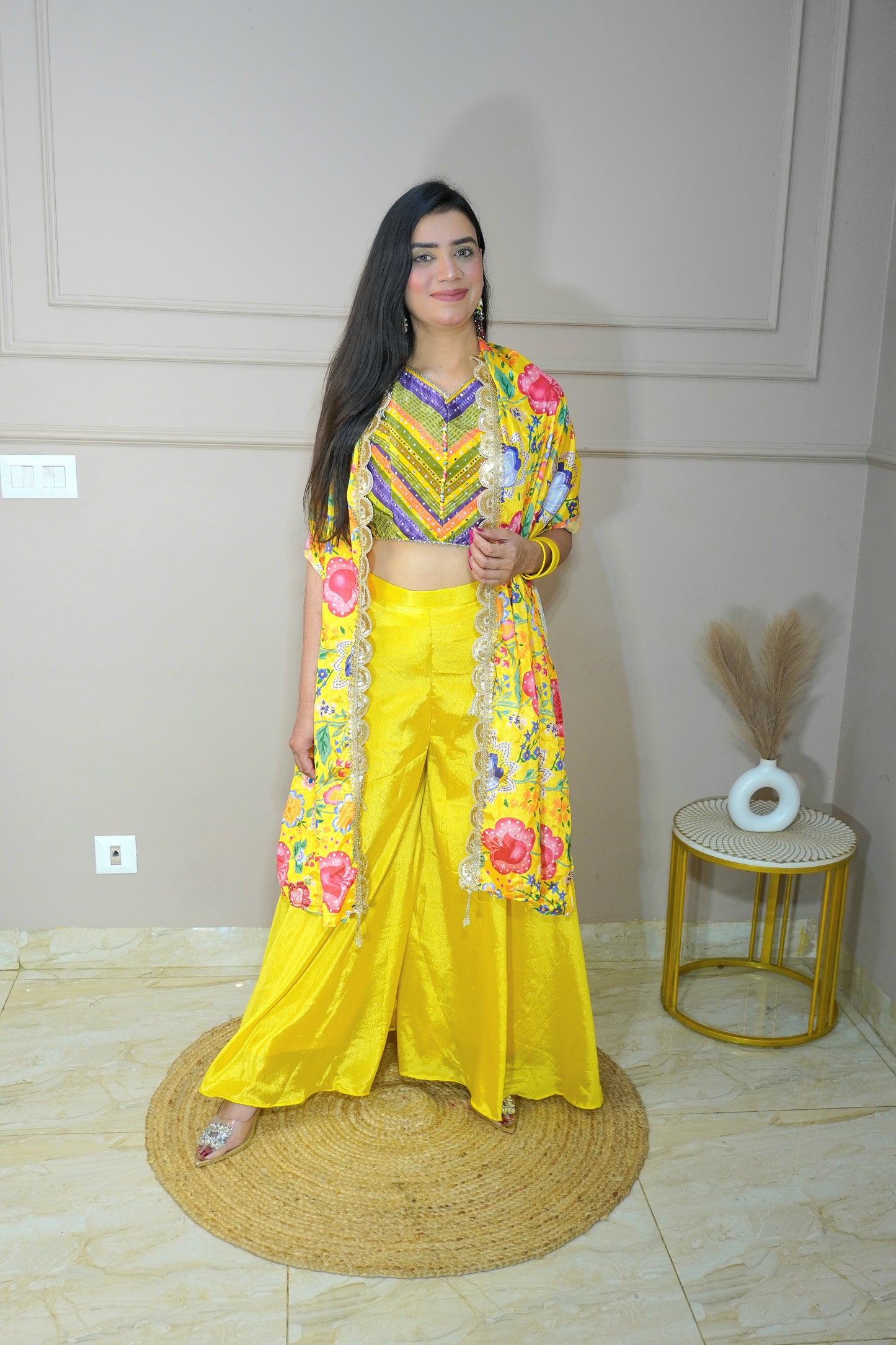 Yellow Colour Mirror Work Top with Palazzo & Shrug