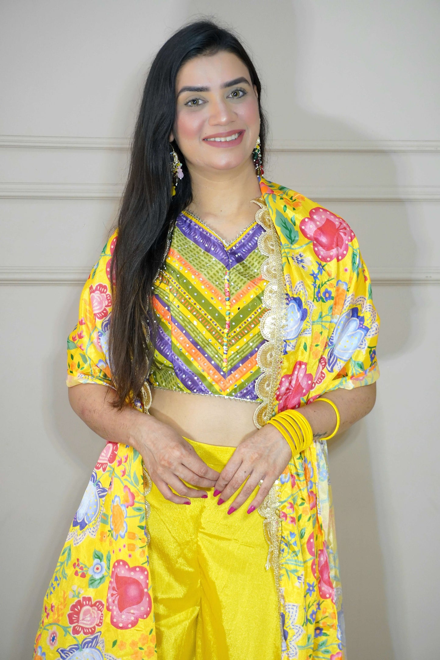 Yellow Colour Mirror Work Top with Palazzo & Shrug