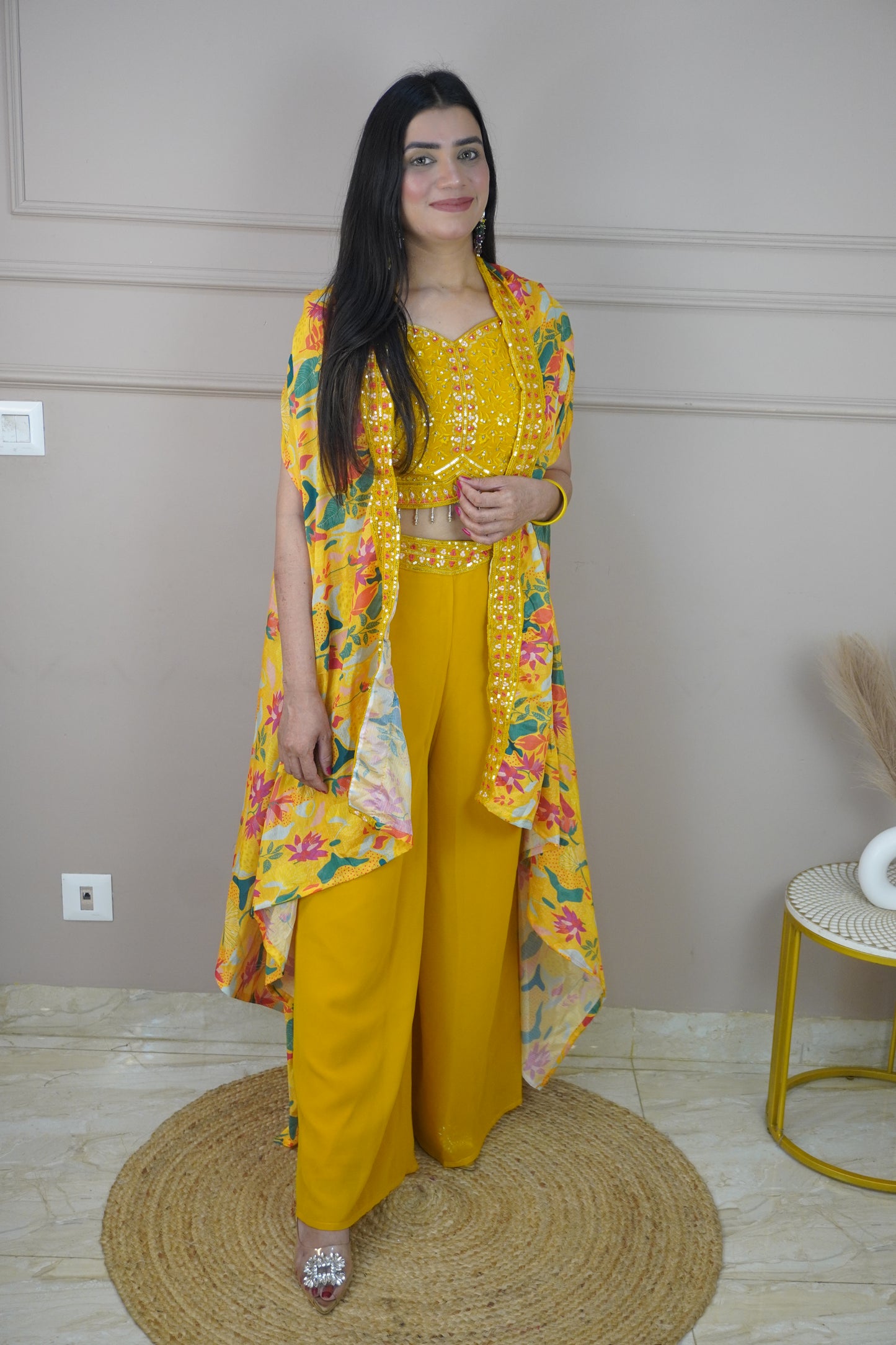 Mustard Colour Thread Work Top with Palazzo & Shrug