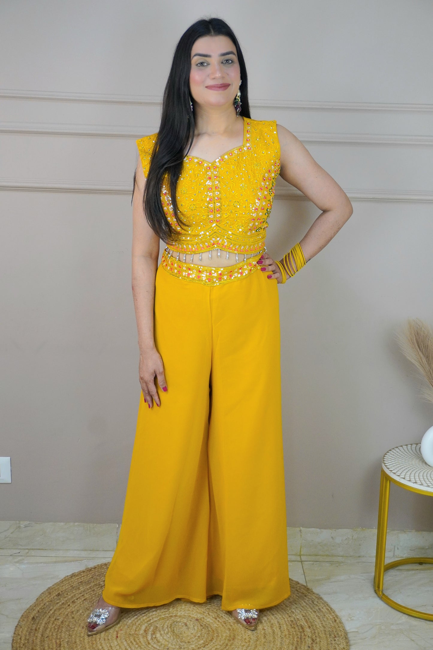 Mustard Colour Thread Work Top with Palazzo & Shrug