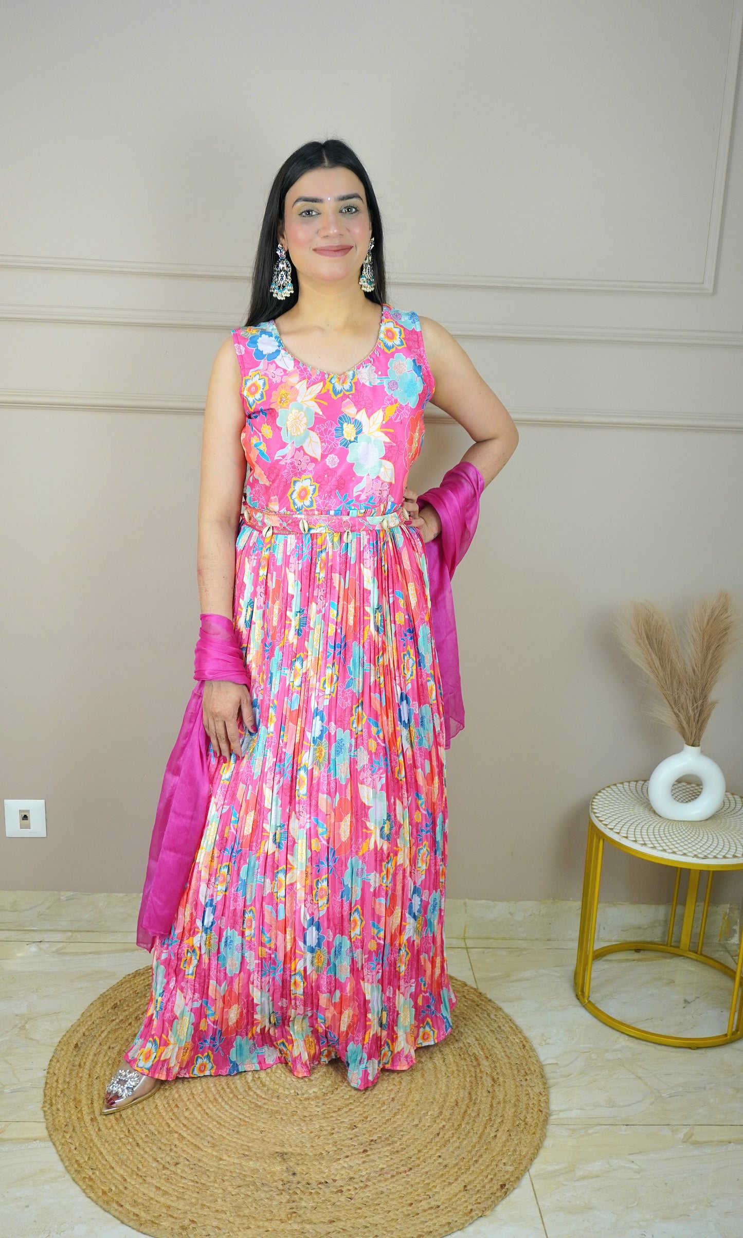 Pink Colour Digital Print With Moti Work Floor Length Gown with Belt & Dupatta (Dress have 4 inch of margin both side for alteration as per customer need)