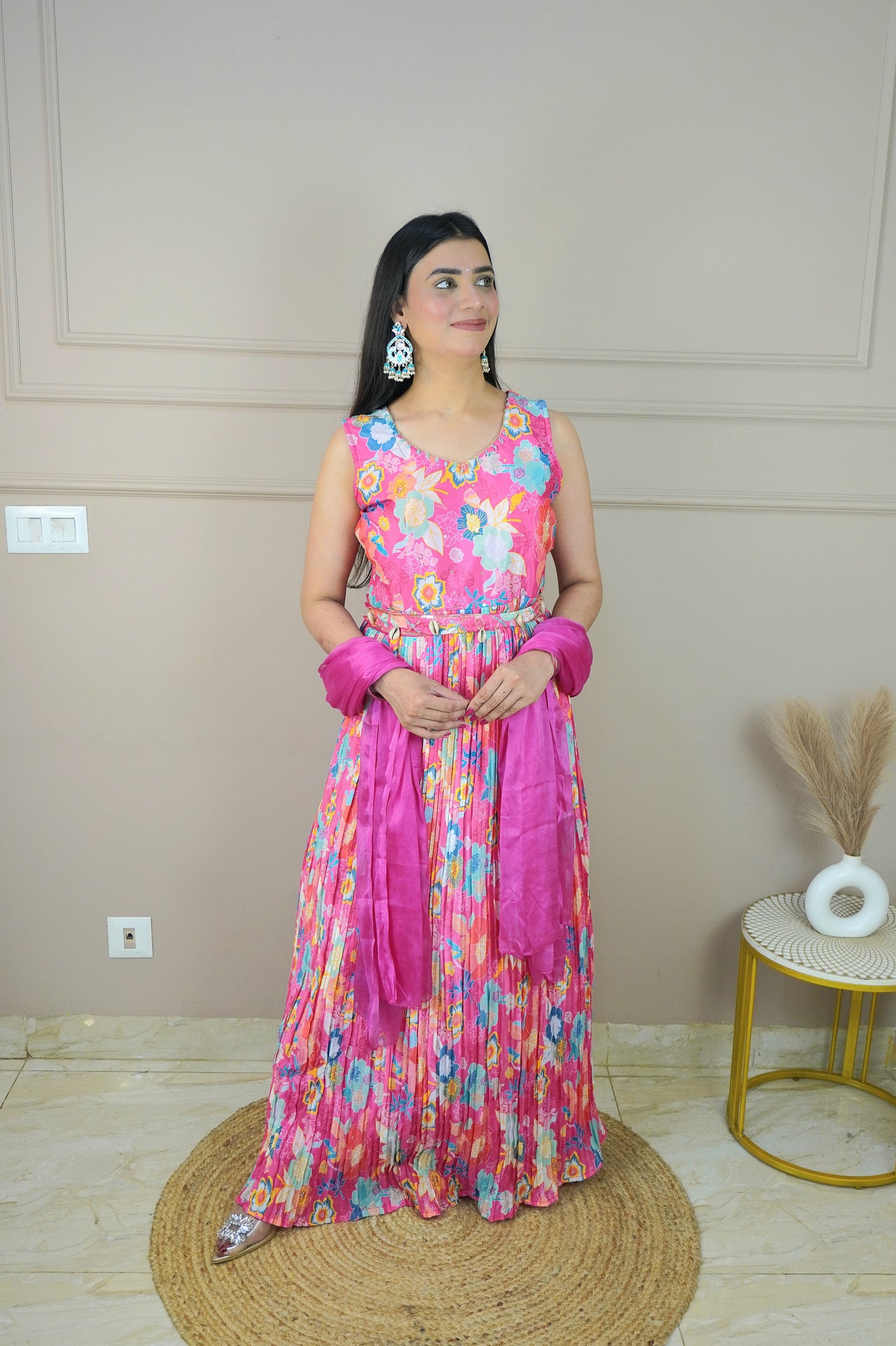 Pink Colour Digital Print With Moti Work Floor Length Gown with Belt & Dupatta (Dress have 4 inch of margin both side for alteration as per customer need)