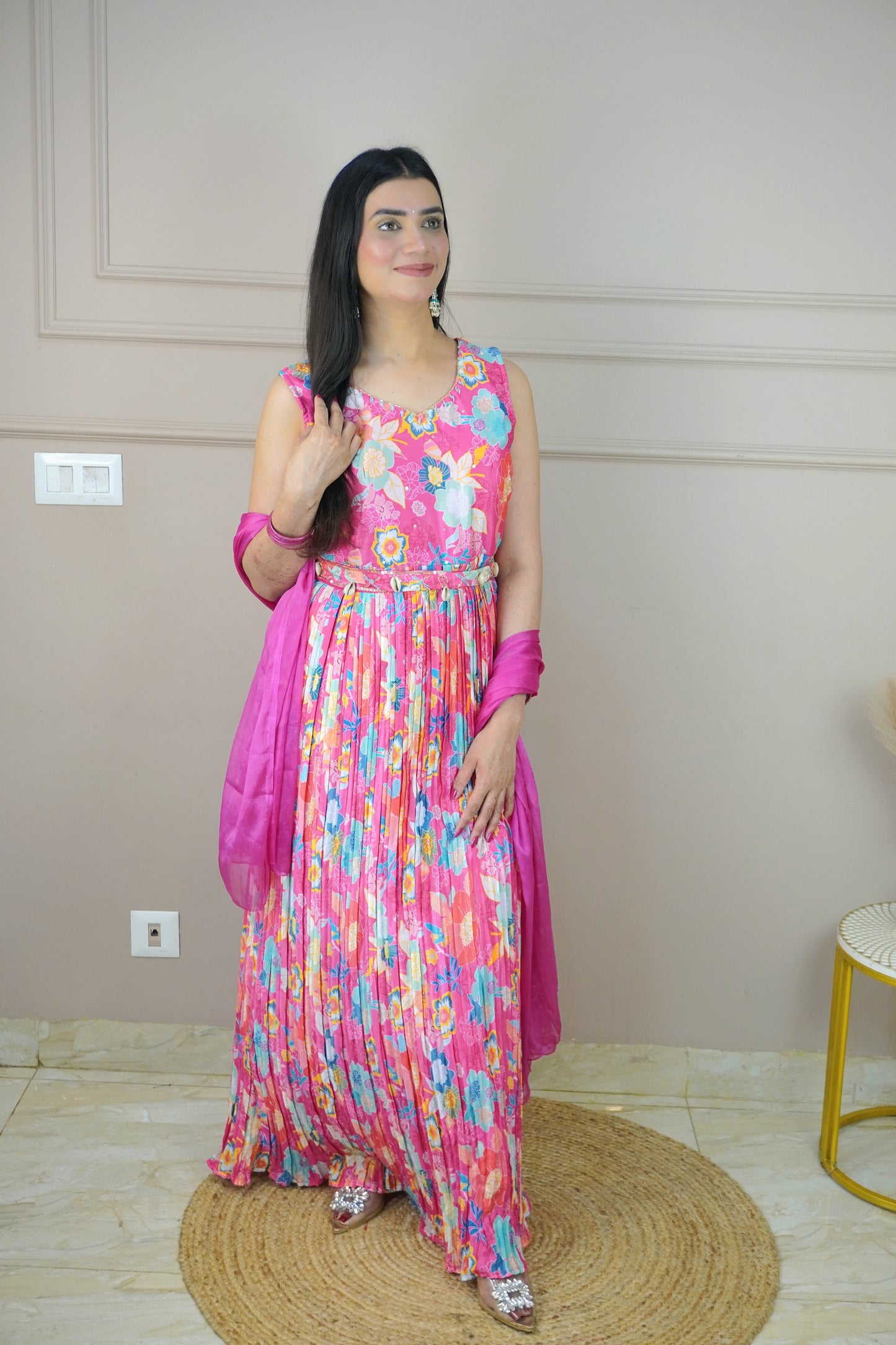 Pink Colour Digital Print With Moti Work Floor Length Gown with Belt & Dupatta (Dress have 4 inch of margin both side for alteration as per customer need)