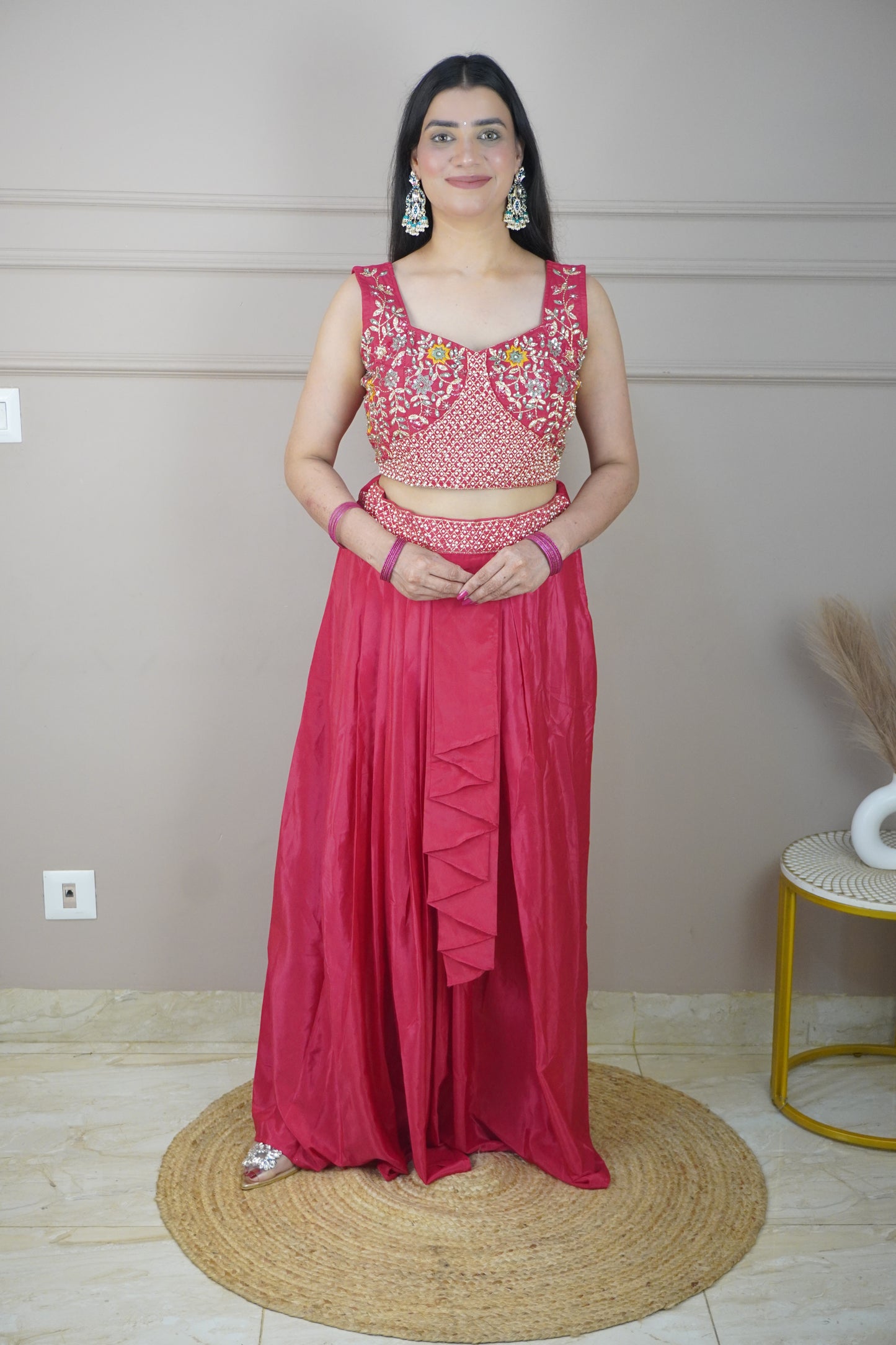 Dark Pink Colour Thread & Pearl Work Top with Skirt & Heavy Work Jacket (Dress have 4 inch of margin both side for alteration as per customer need)