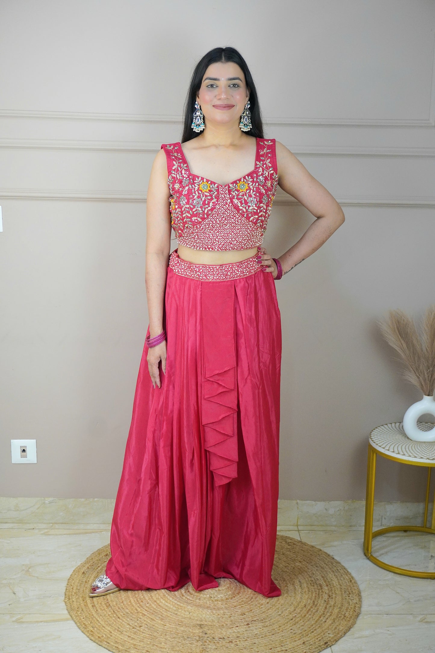 Dark Pink Colour Thread & Pearl Work Top with Skirt & Heavy Work Jacket (Dress have 4 inch of margin both side for alteration as per customer need)