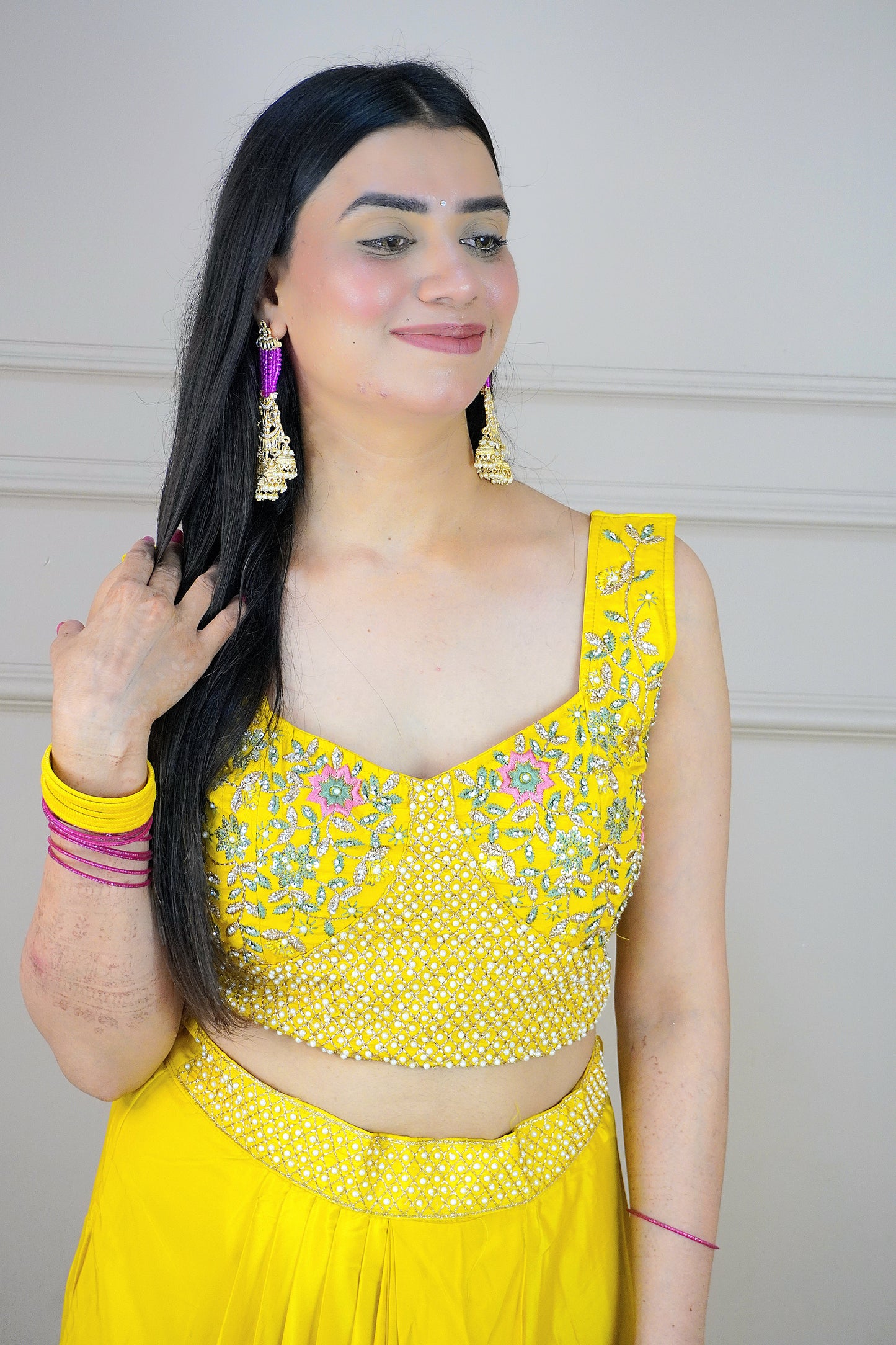Yellow Colour Thread & Pearl Work Top with Skirt & Heavy Work Jacket (Dress have 4 inch of margin both side for alteration as per customer need)