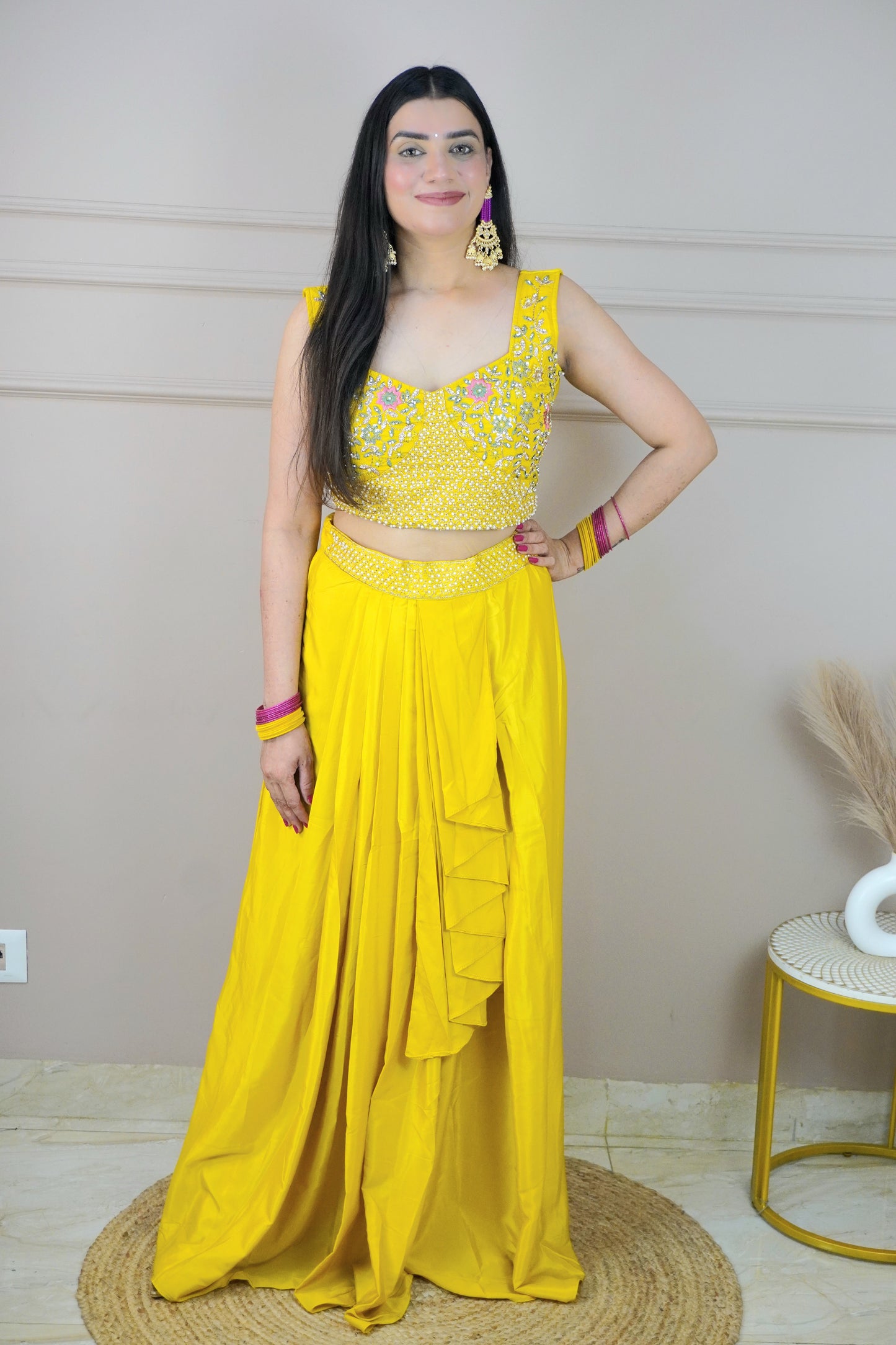 Yellow Colour Thread & Pearl Work Top with Skirt & Heavy Work Jacket (Dress have 4 inch of margin both side for alteration as per customer need)
