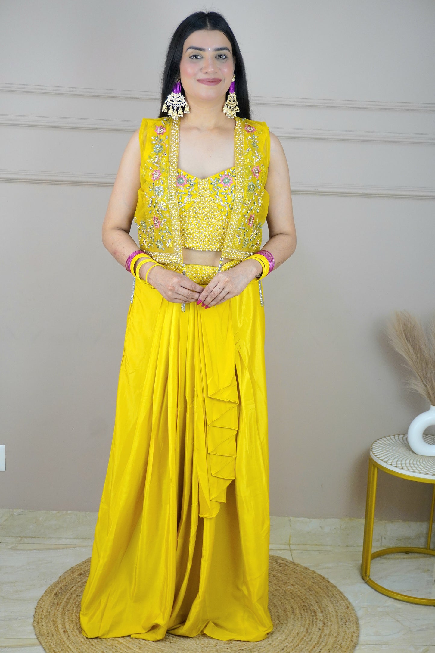 Yellow Colour Thread & Pearl Work Top with Skirt & Heavy Work Jacket (Dress have 4 inch of margin both side for alteration as per customer need)