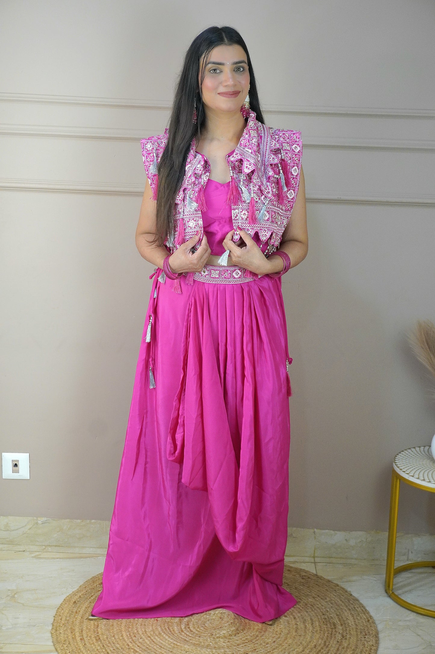 Pink Colour Thread & Mirror Work Top with Skirt & Heavy Work Jacket (Dress have 4 inch of margin for alteration as per customer need)