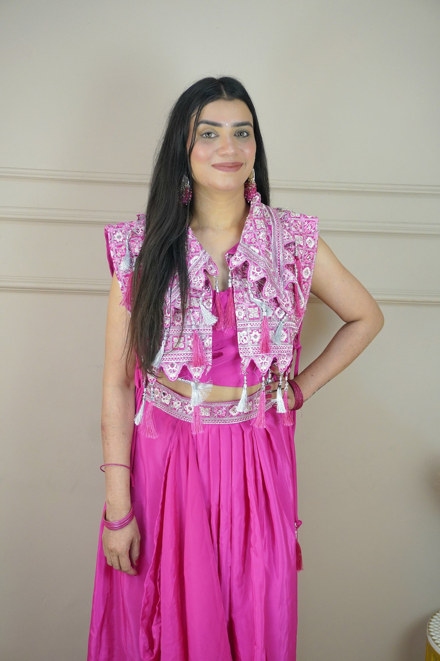 Pink Colour Thread & Mirror Work Top with Skirt & Heavy Work Jacket (Dress have 4 inch of margin for alteration as per customer need)