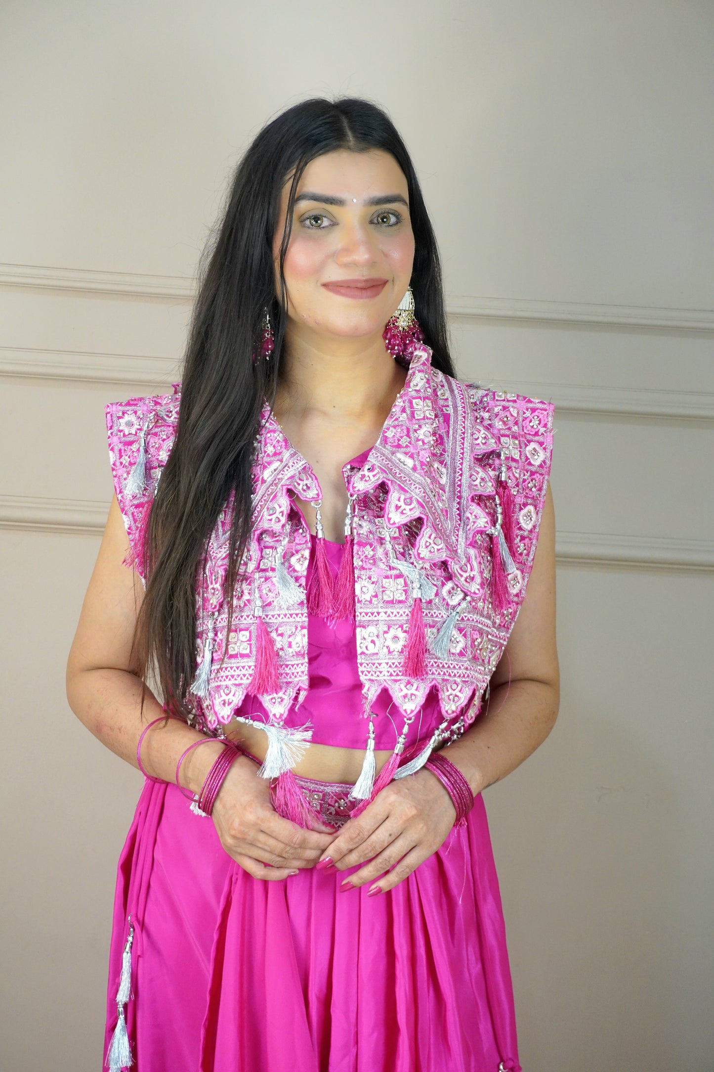 Pink Colour Thread & Mirror Work Top with Skirt & Heavy Work Jacket (Dress have 4 inch of margin for alteration as per customer need)