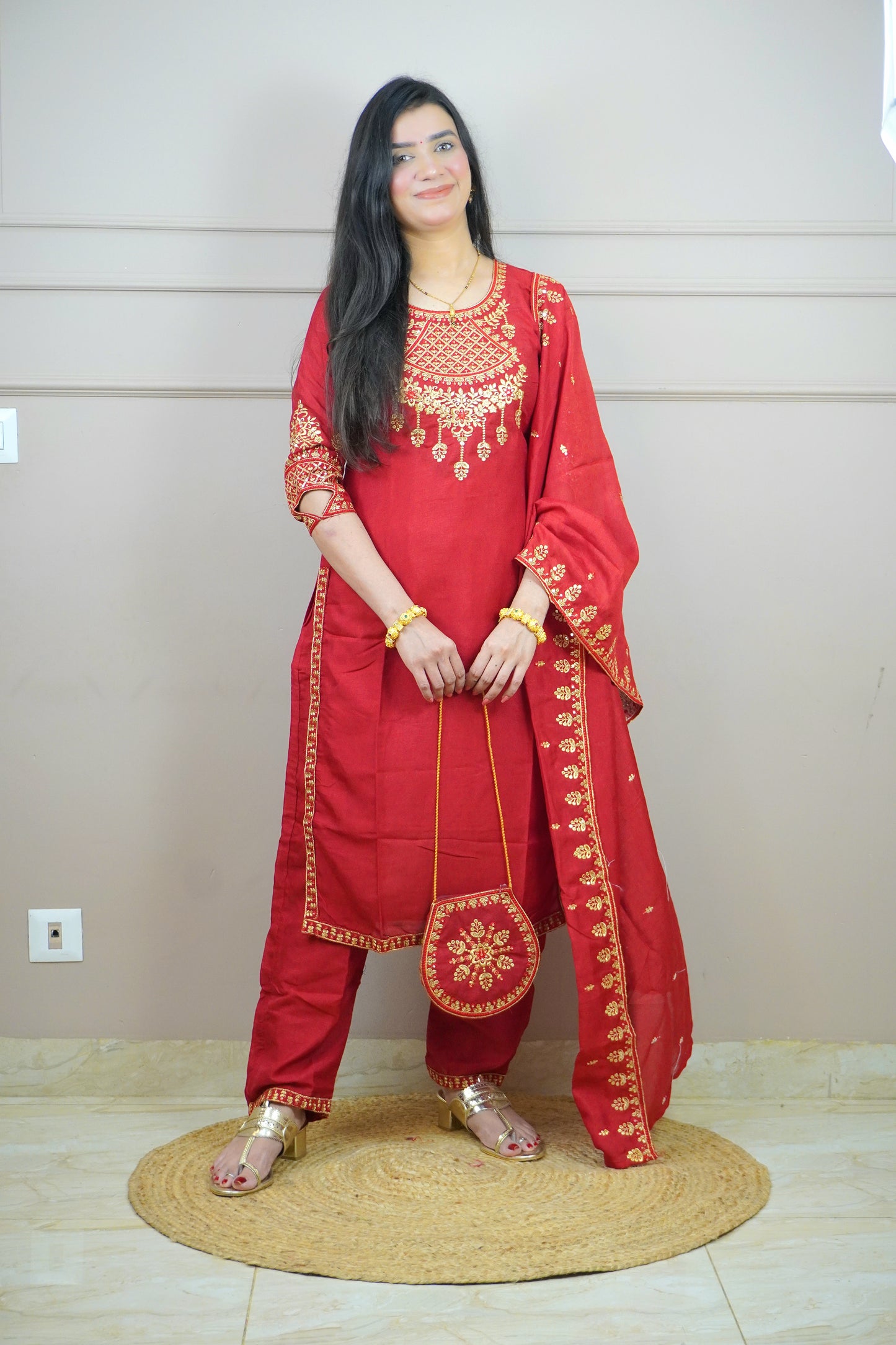Red Colour Thread Work Straight Kurta Set with Elastic Pant Dupatta & Potli