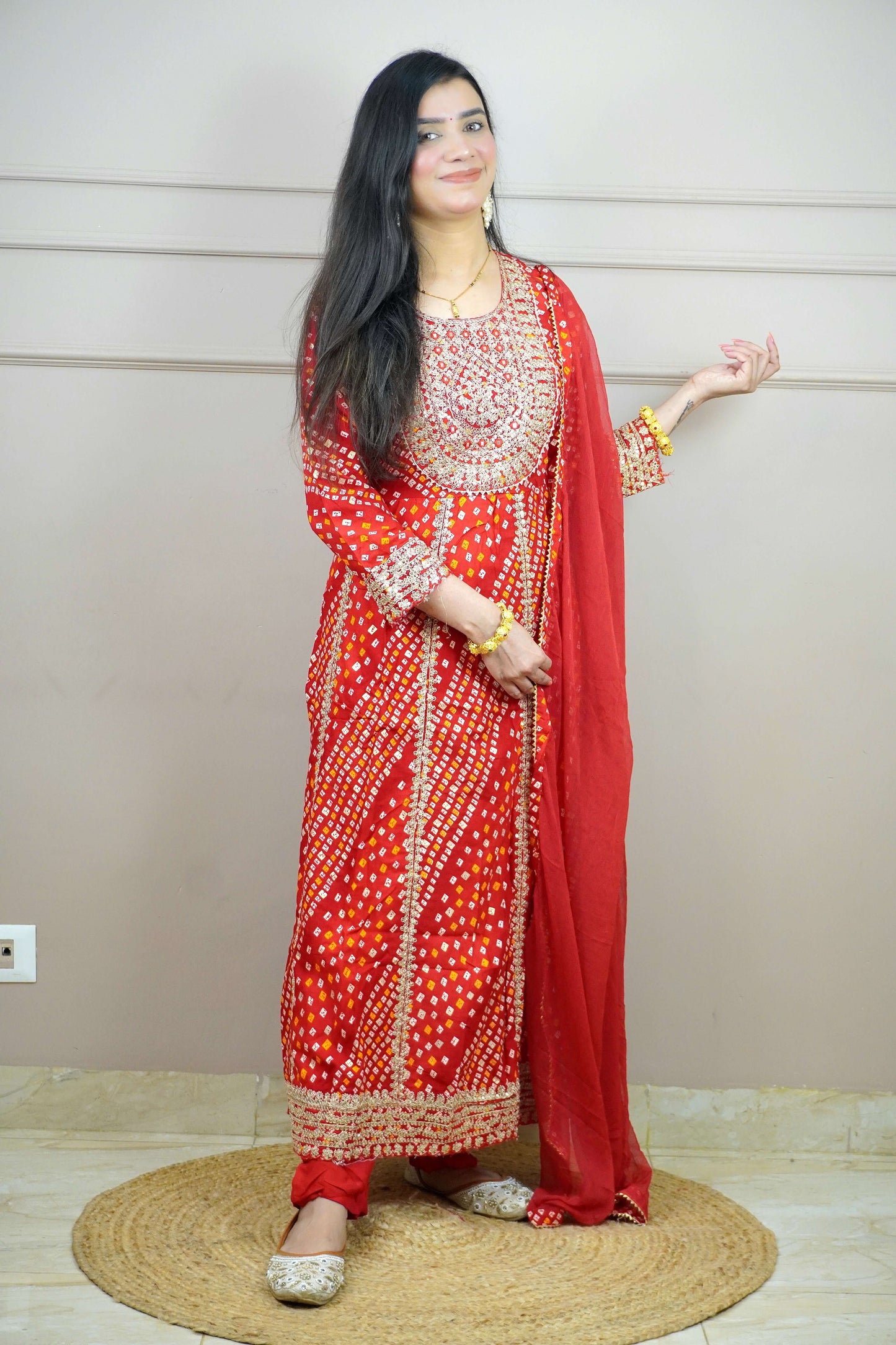Red Colour Bandhani Print Anarkali Kurta Set with Mirror & Zari Work Comes with Pant & Dupatta