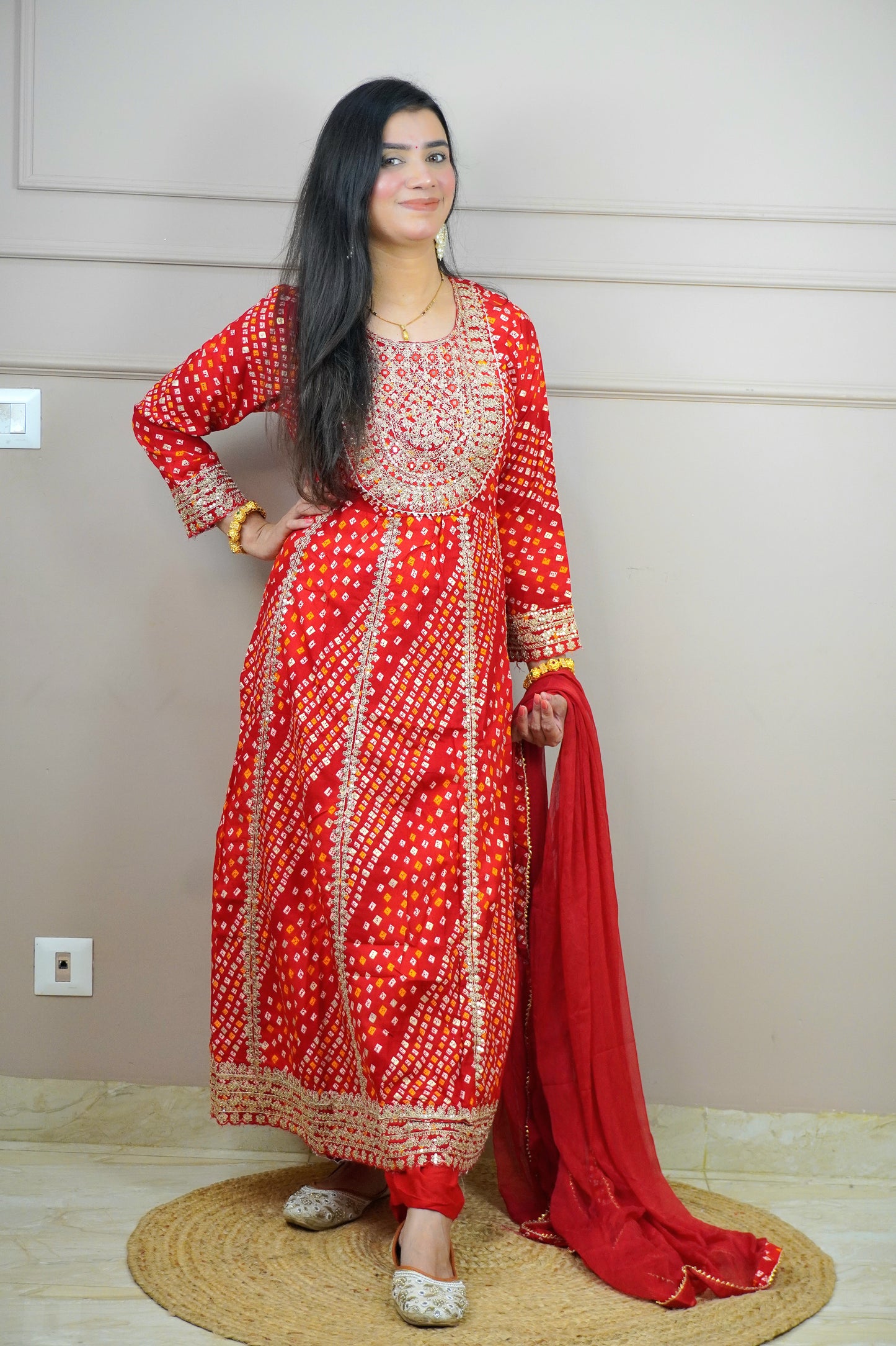 Red Colour Bandhani Print Anarkali Kurta Set with Mirror & Zari Work Comes with Pant & Dupatta