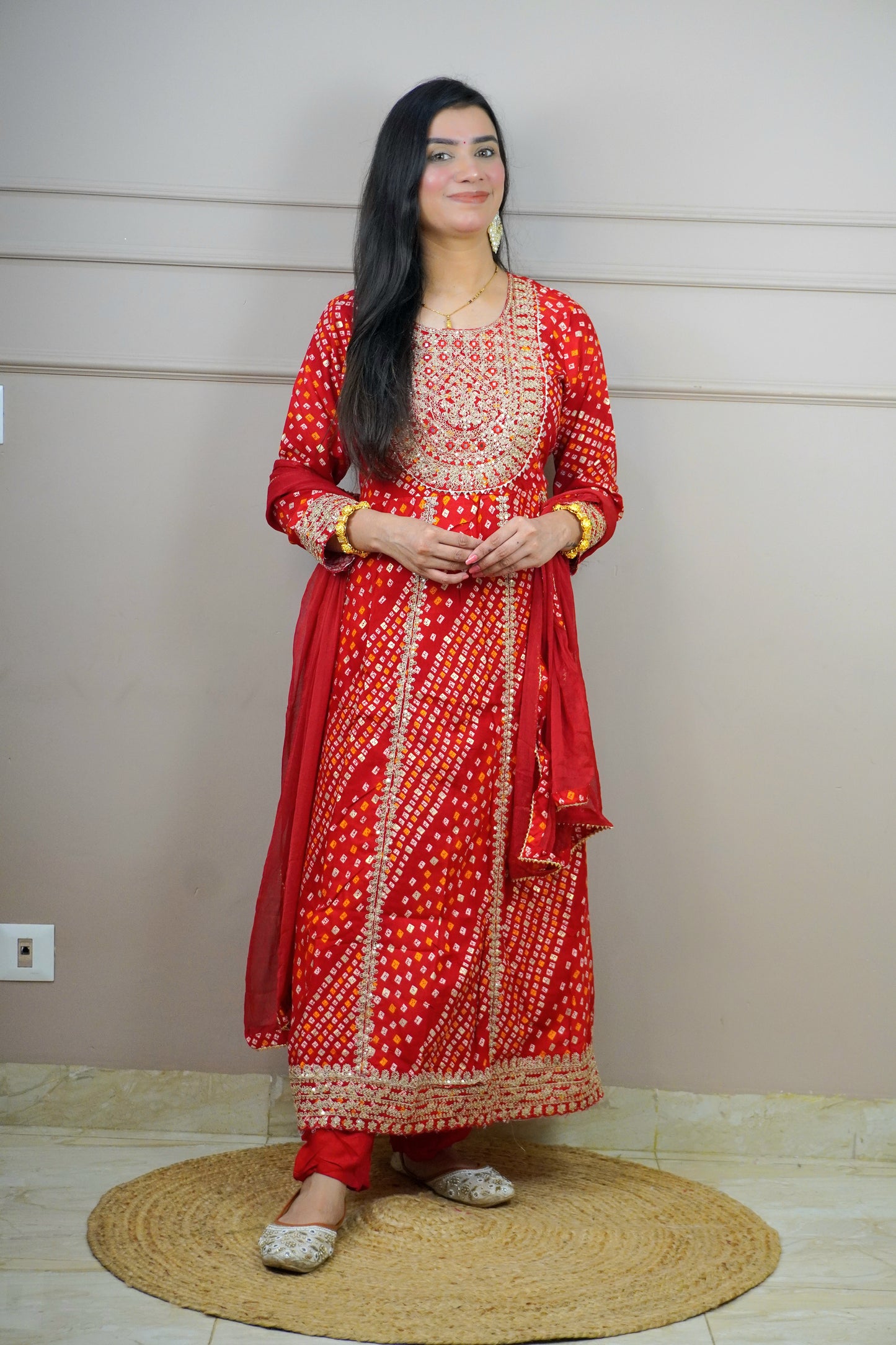 Red Colour Bandhani Print Anarkali Kurta Set with Mirror & Zari Work Comes with Pant & Dupatta