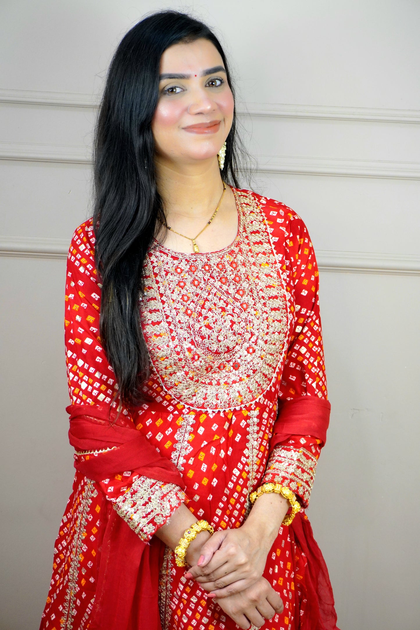 Red Colour Bandhani Print Anarkali Kurta Set with Mirror & Zari Work Comes with Pant & Dupatta