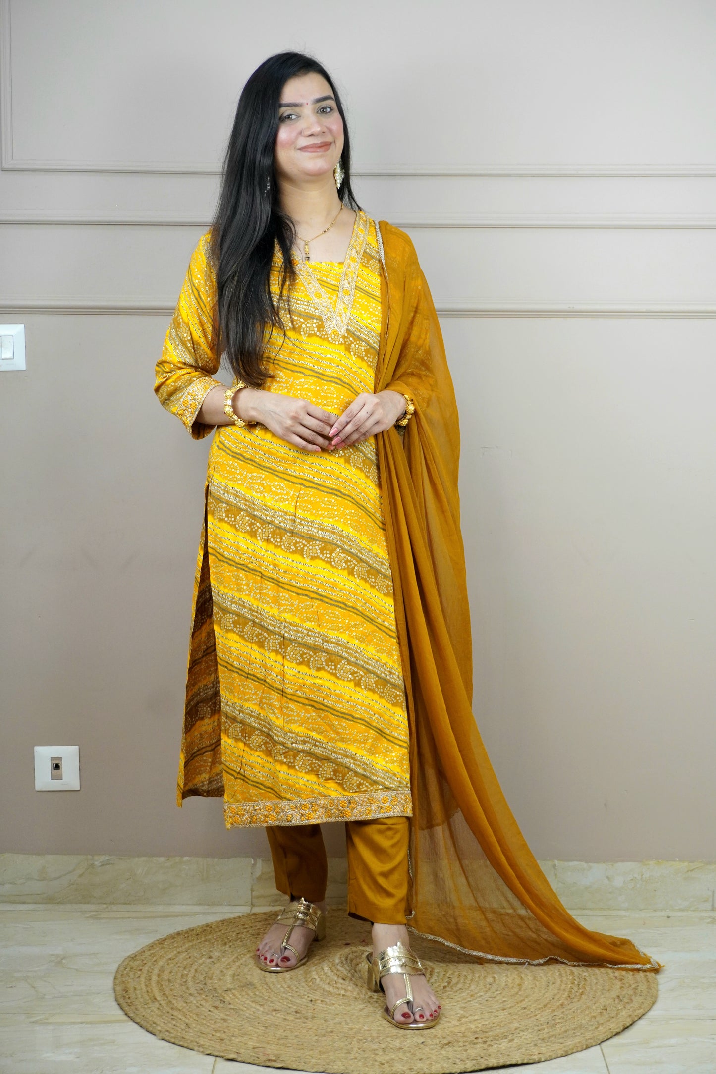 Mustard Colour Thread Work V Neck Straight Kurta Set with Elastic Pant Dupatta