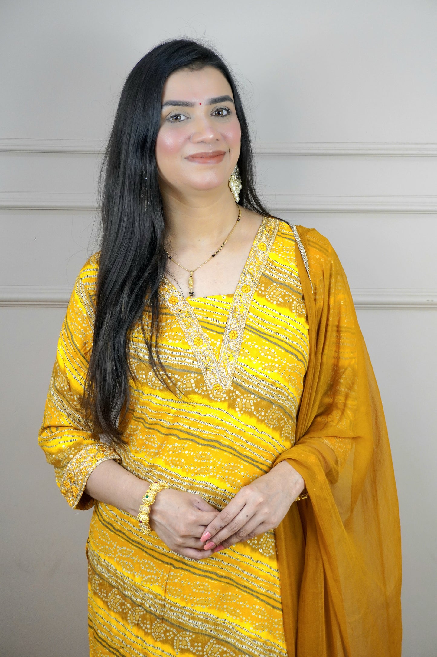 Mustard Colour Thread Work V Neck Straight Kurta Set with Elastic Pant Dupatta