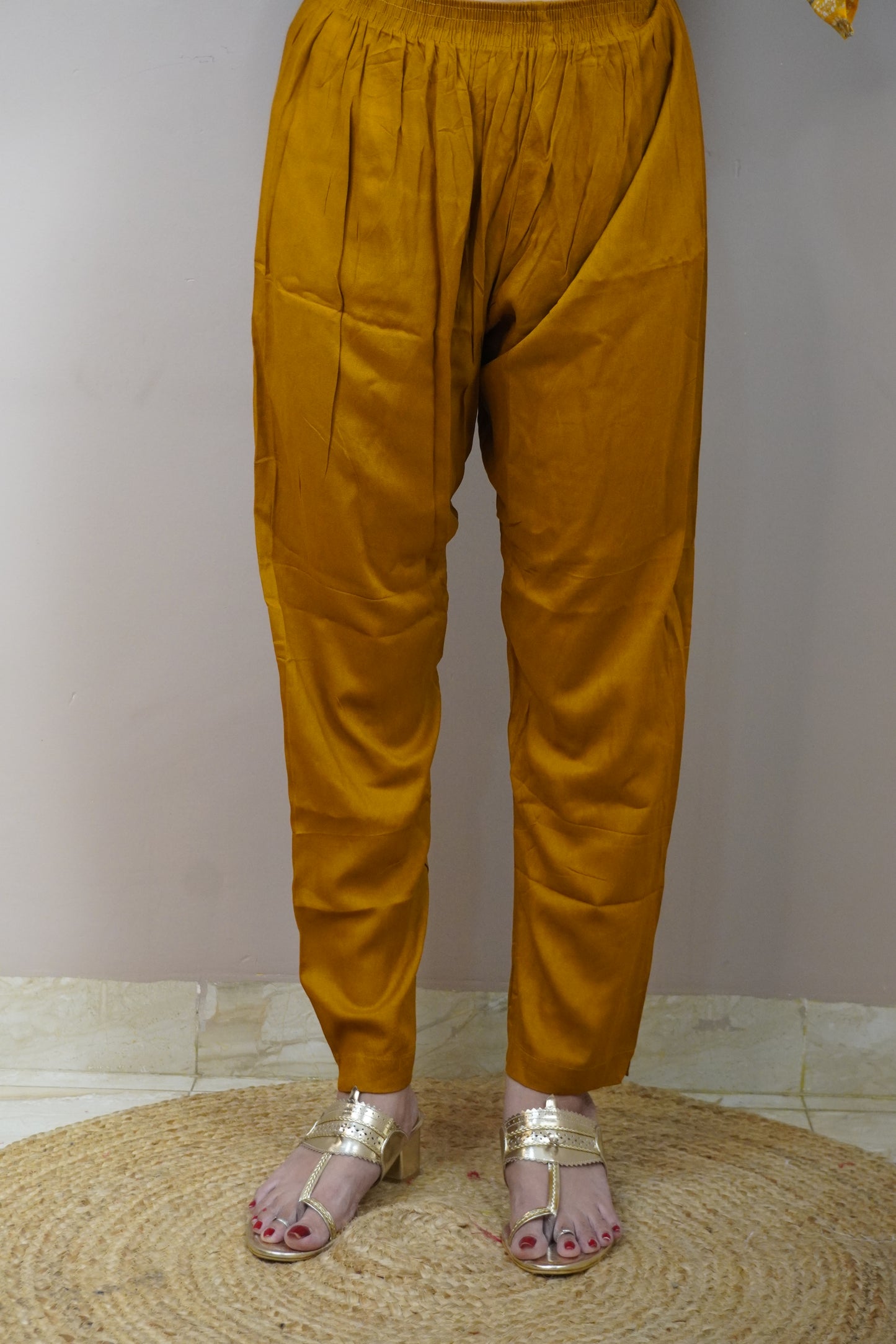 Mustard Colour Thread Work V Neck Straight Kurta Set with Elastic Pant Dupatta