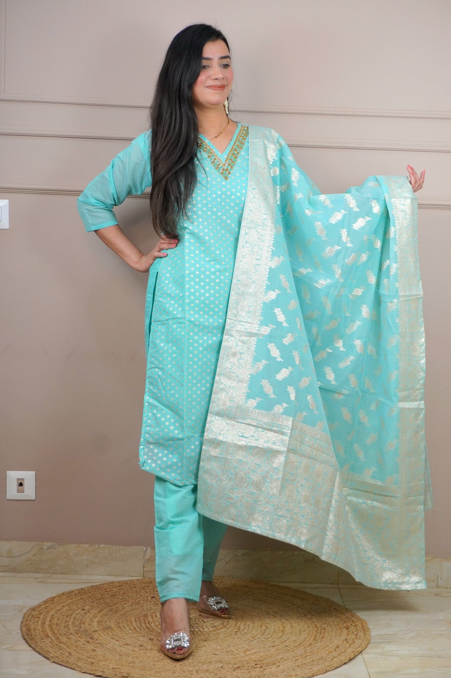 Sea Green Colour Moti Work V Neck Straight Kurta Set with Elastic Pant Dupatta