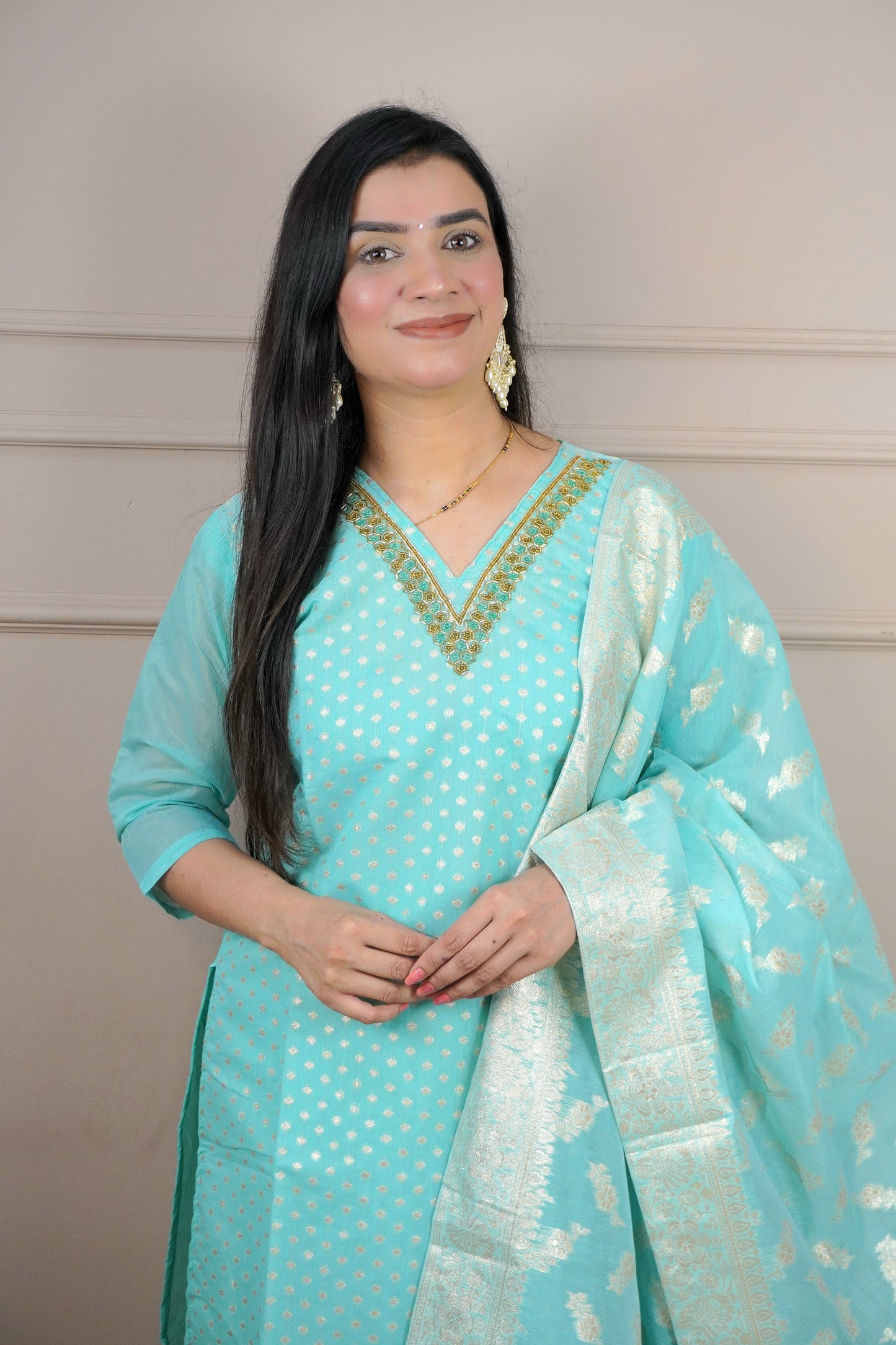 Sea Green Colour Moti Work V Neck Straight Kurta Set with Elastic Pant Dupatta