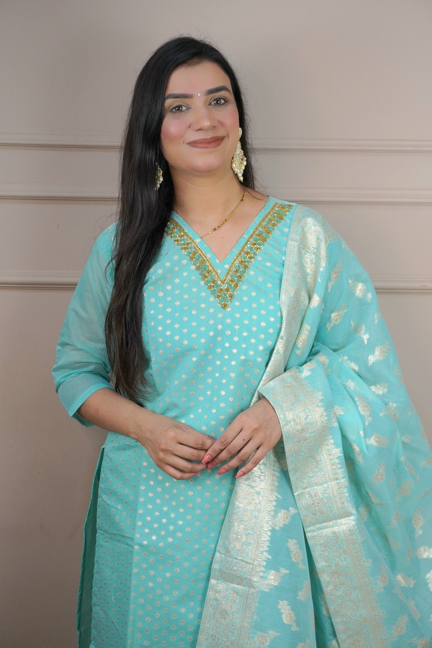 Sea Green Colour Moti Work V Neck Straight Kurta Set with Elastic Pant Dupatta