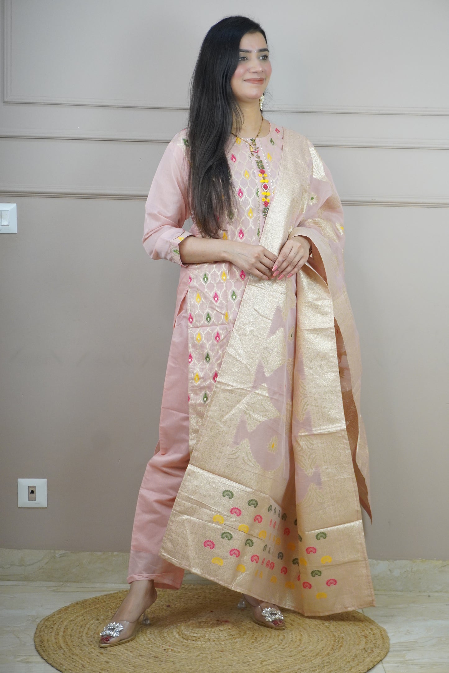 Peach Colour Thread & Moti Work Straight Kurta Set with Elastic Pant Dupatta