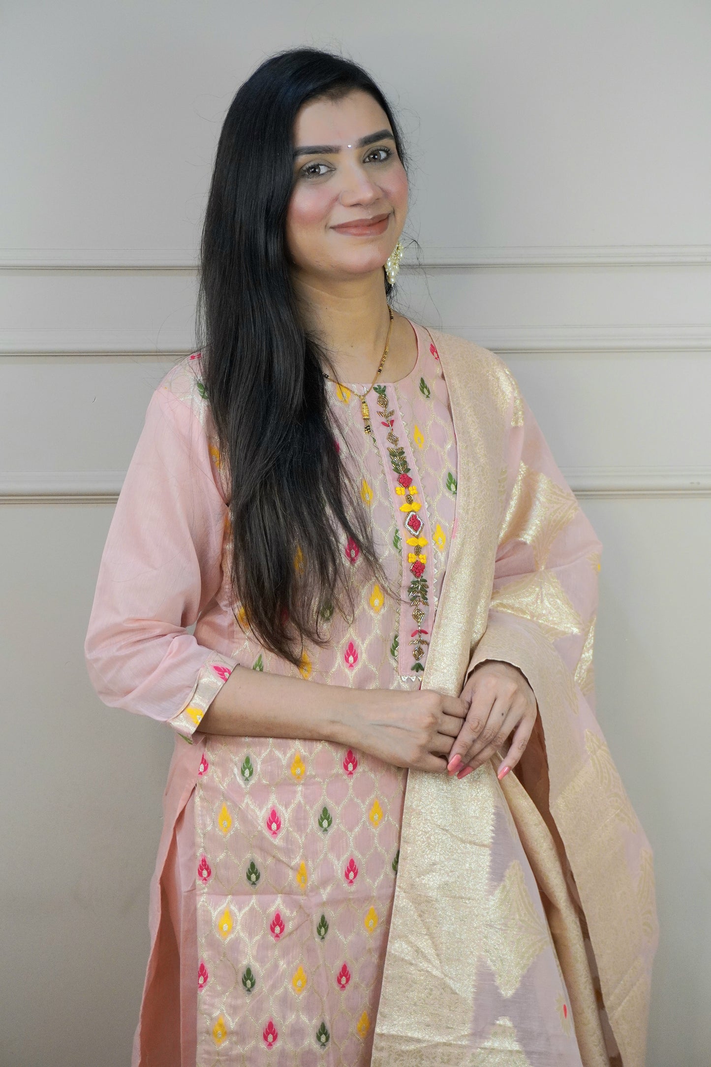 Peach Colour Thread & Moti Work Straight Kurta Set with Elastic Pant Dupatta