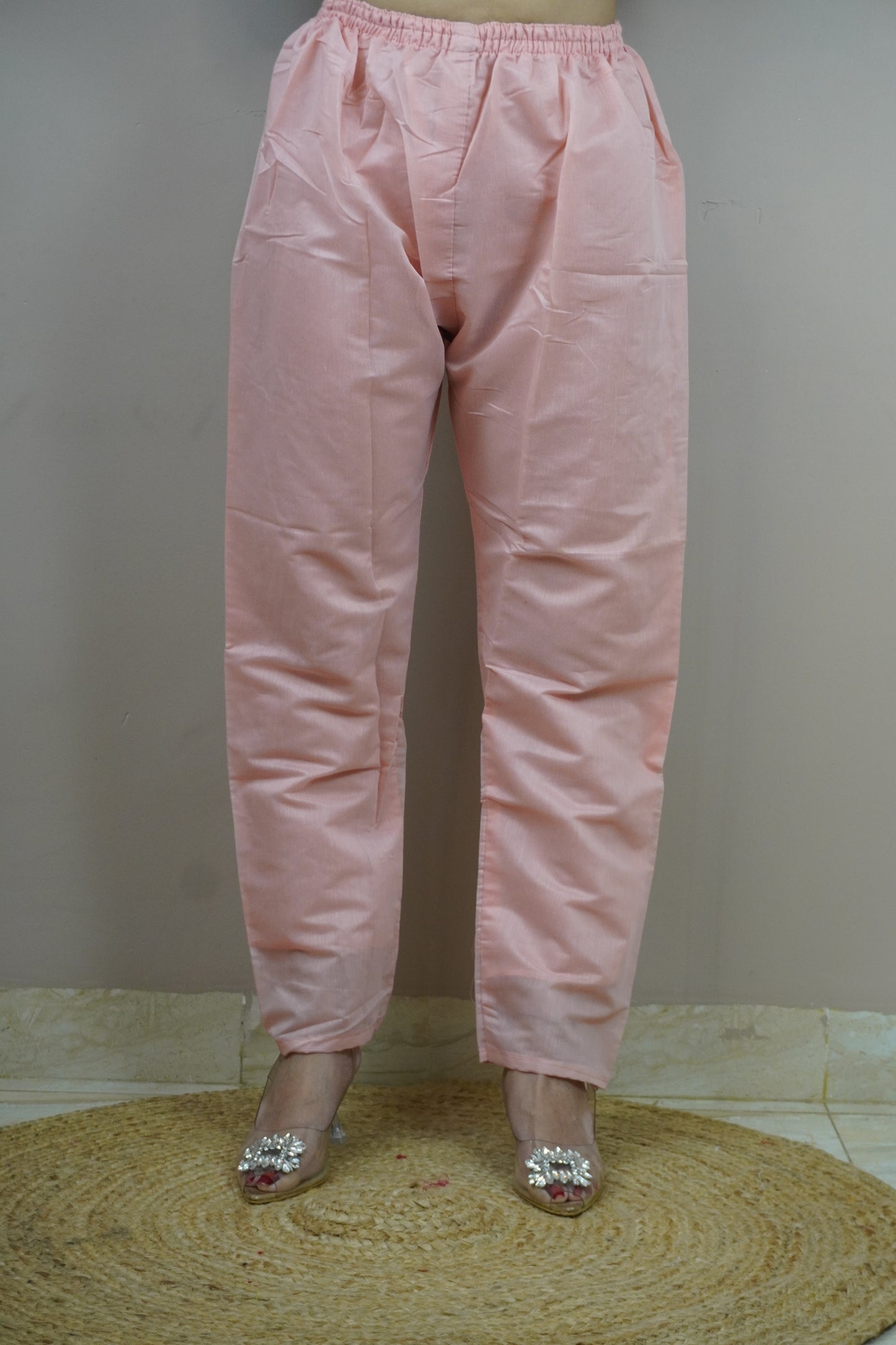 Peach Colour Thread & Moti Work Straight Kurta Set with Elastic Pant Dupatta