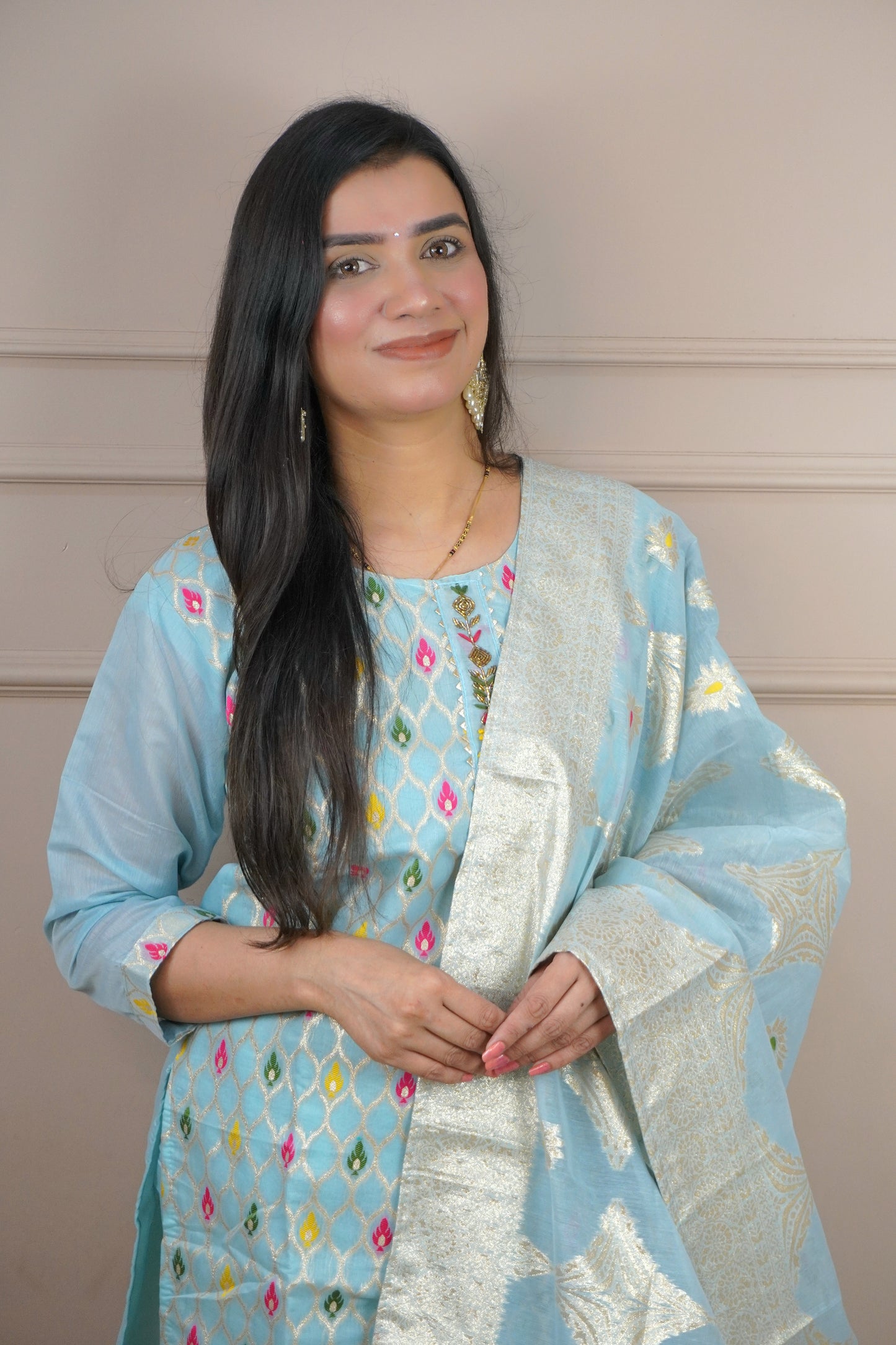 Sea Blue Colour Thread & Moti Work Straight Kurta Set with Elastic Pant Dupatta