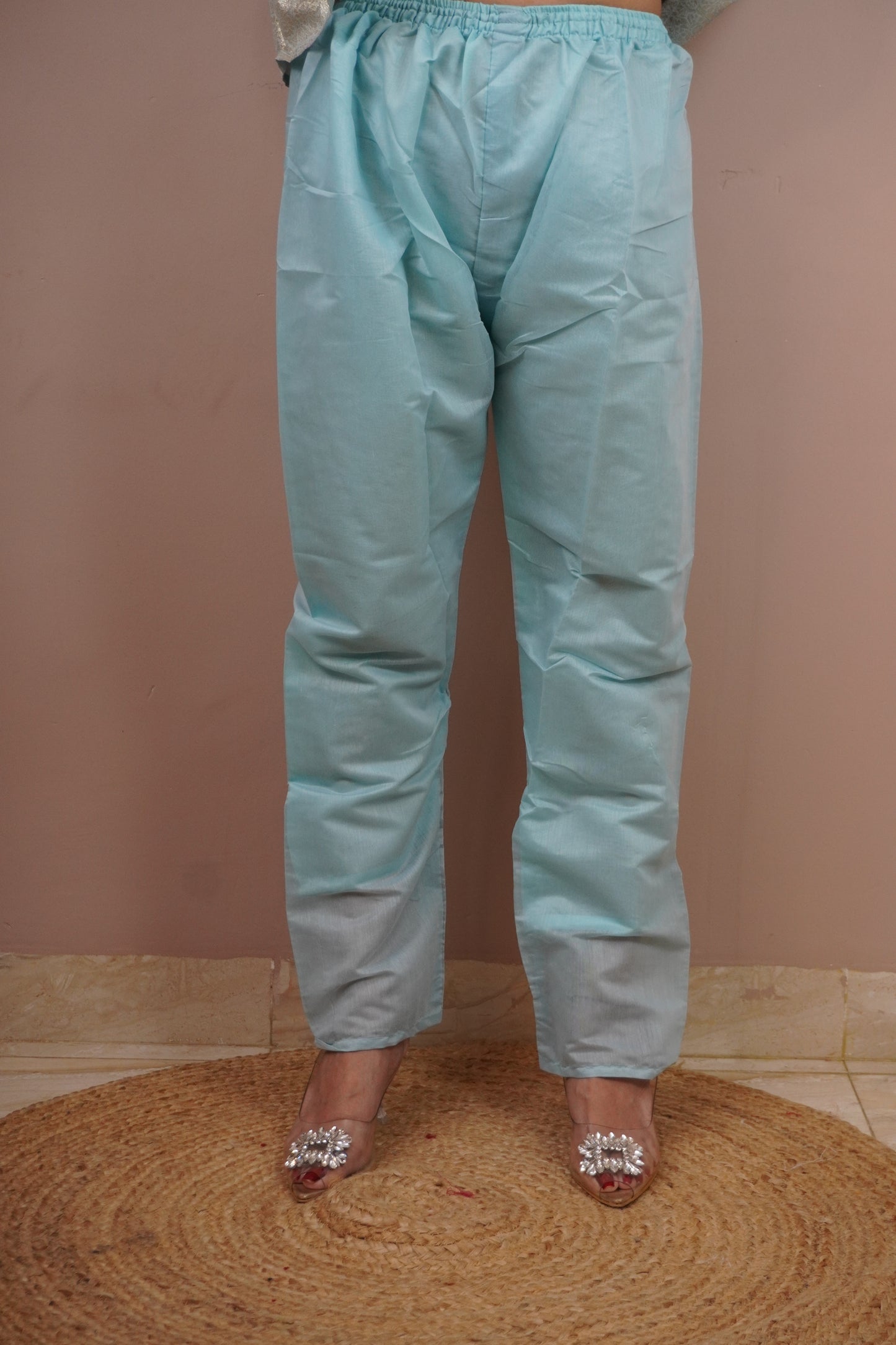Sea Blue Colour Thread & Moti Work Straight Kurta Set with Elastic Pant Dupatta