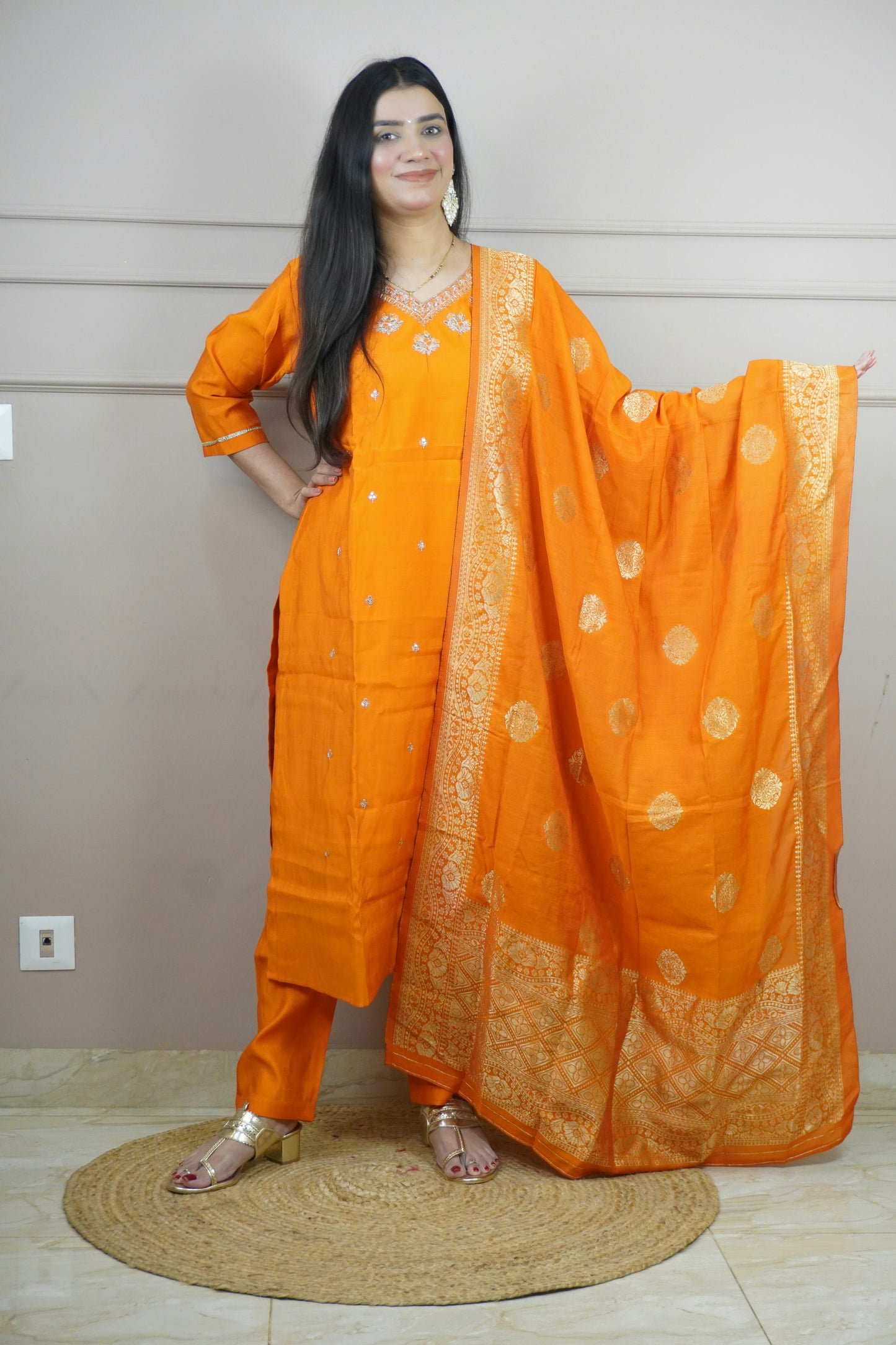 Orange Colour Zari Work Straight Kurta Set with Elastic Pant Dupatta