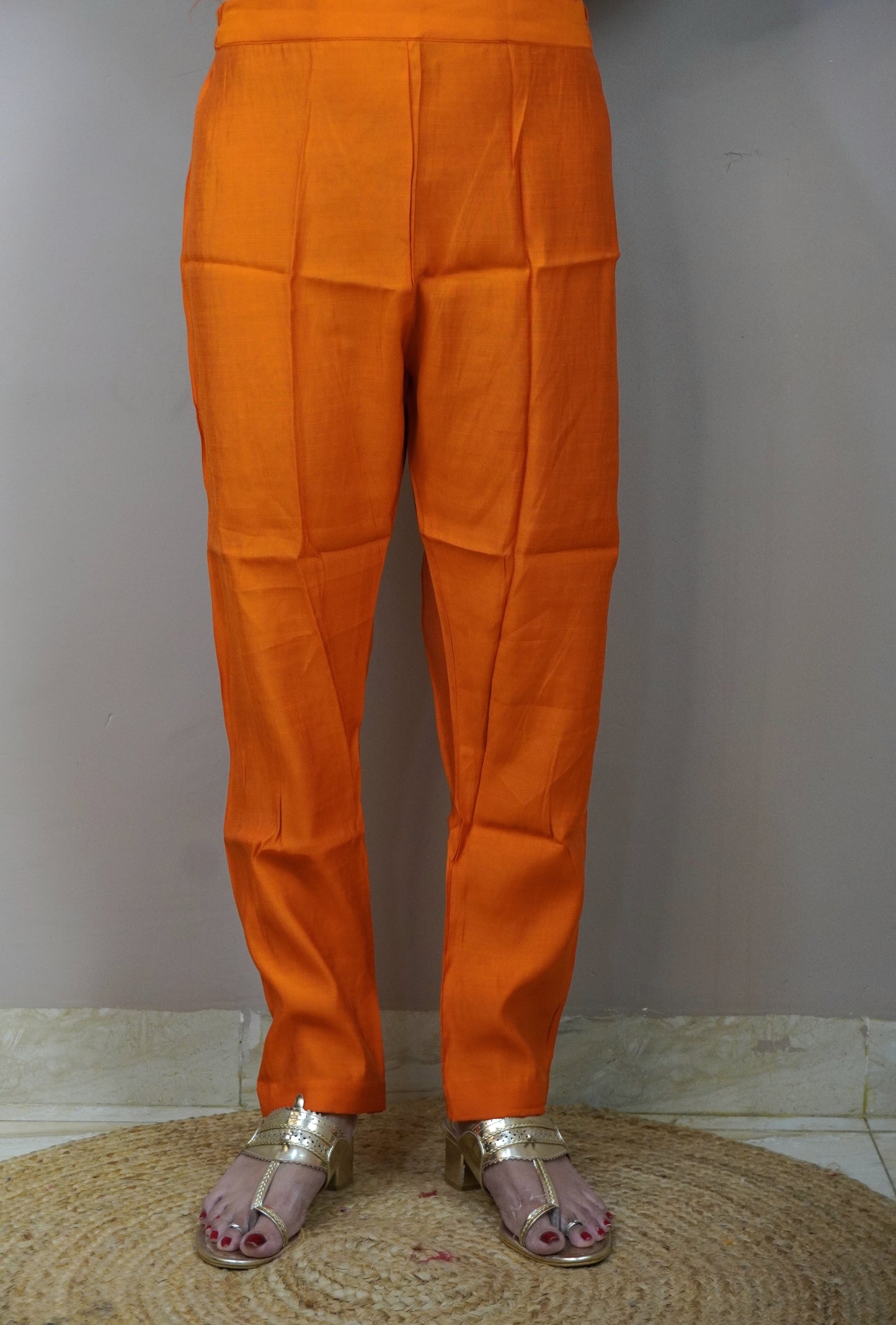 Orange Colour Zari Work Straight Kurta Set with Elastic Pant Dupatta