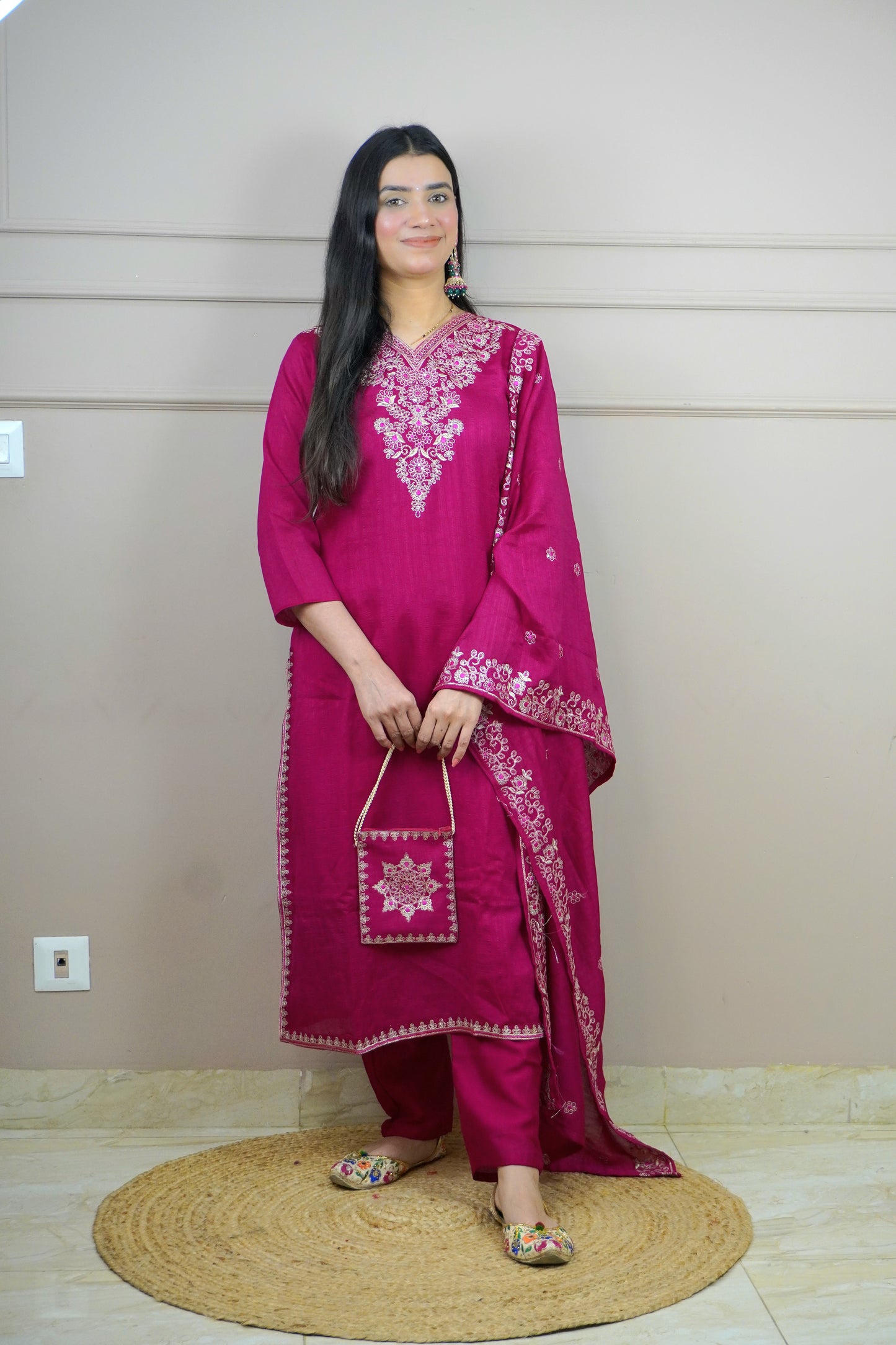 Magenta Colour Thread Work Straight Kurta Set with Elastic Pant Dupatta & Potli