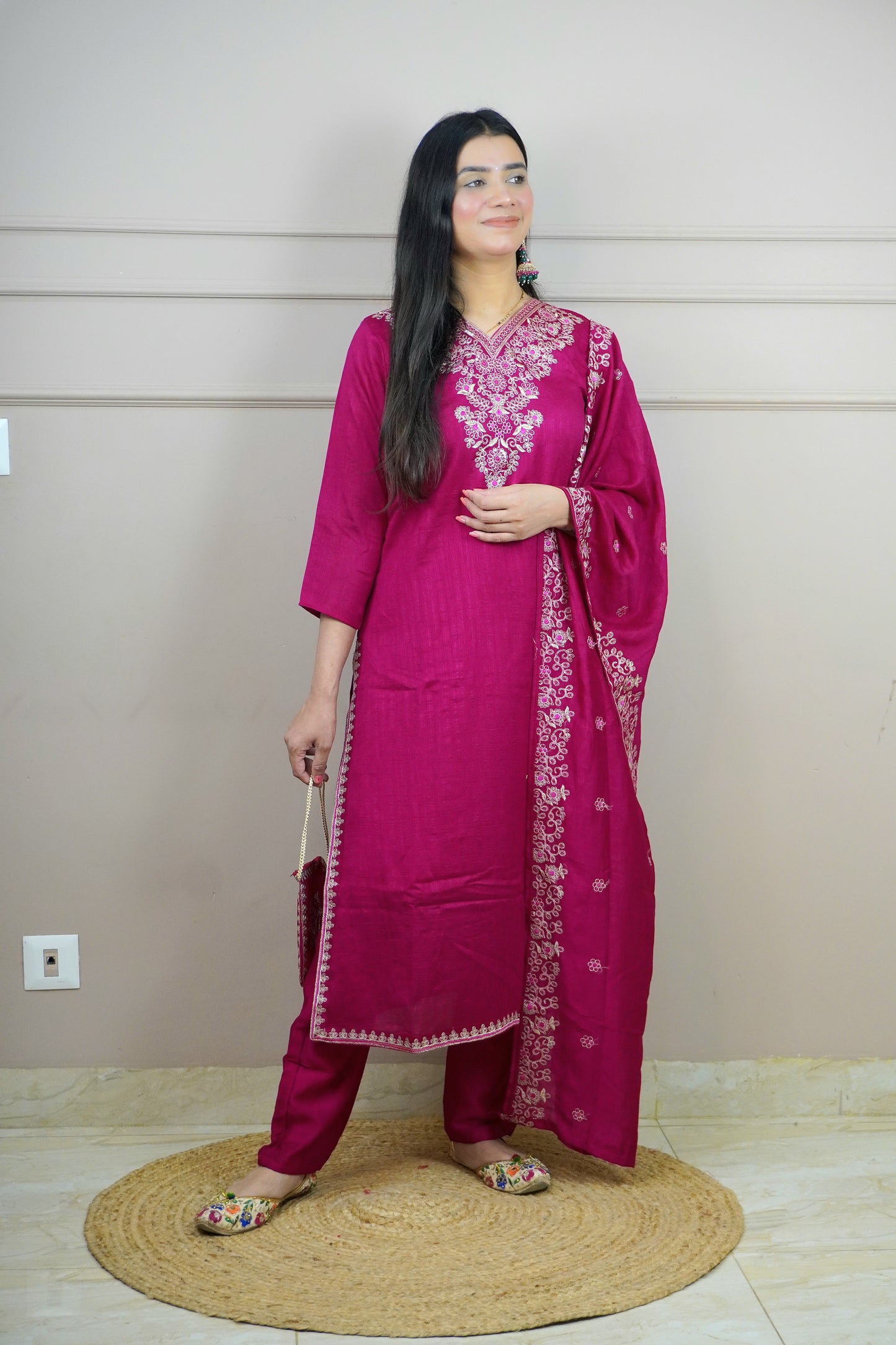 Magenta Colour Thread Work Straight Kurta Set with Elastic Pant Dupatta & Potli