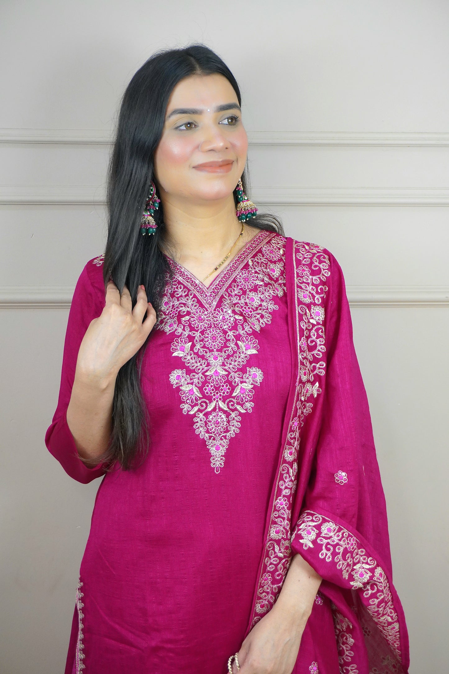 Magenta Colour Thread Work Straight Kurta Set with Elastic Pant Dupatta & Potli