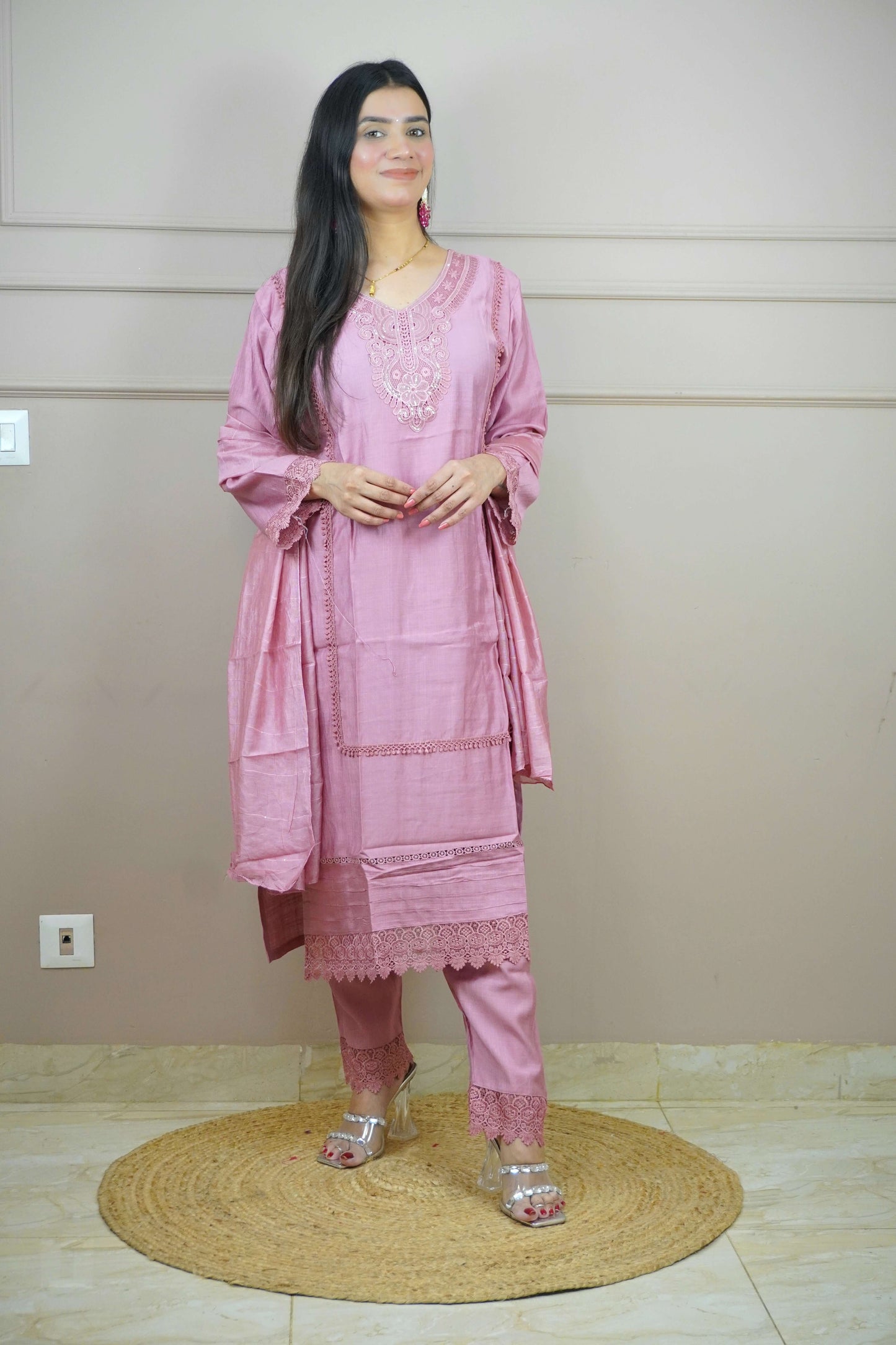 Mauve Colour Lace Work Pakistani Kurta Set with Pant & Dupatta
