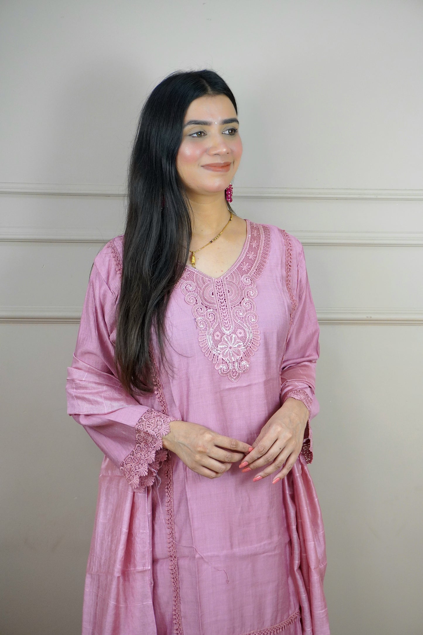 Mauve Colour Lace Work Pakistani Kurta Set with Pant & Dupatta