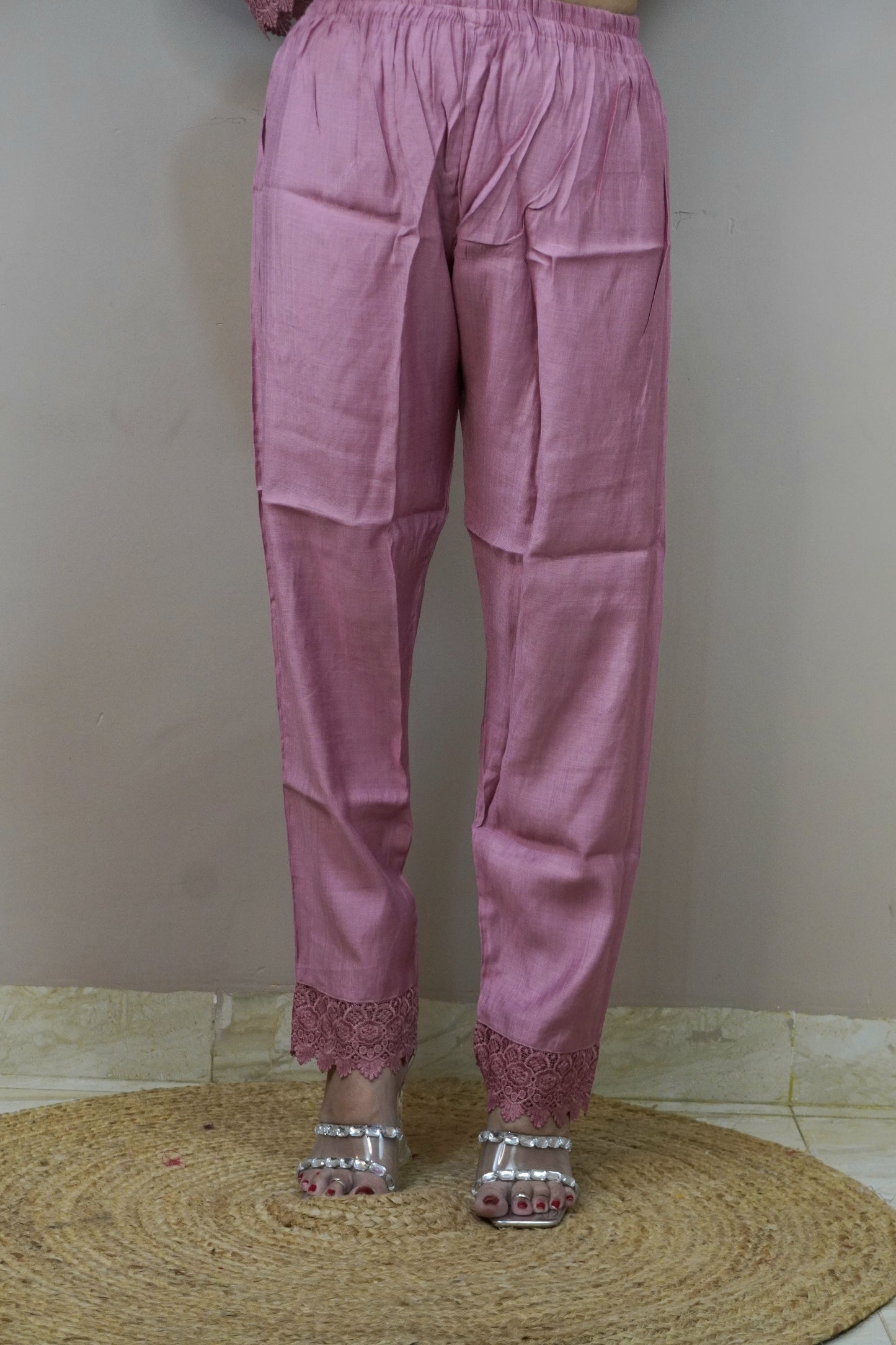 Mauve Colour Lace Work Pakistani Kurta Set with Pant & Dupatta
